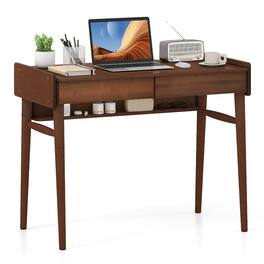 Costway - Bamboo Writing Desk 39.5" Computer Study Desk with 2 Storage Drawers & Open Shelf - Brown