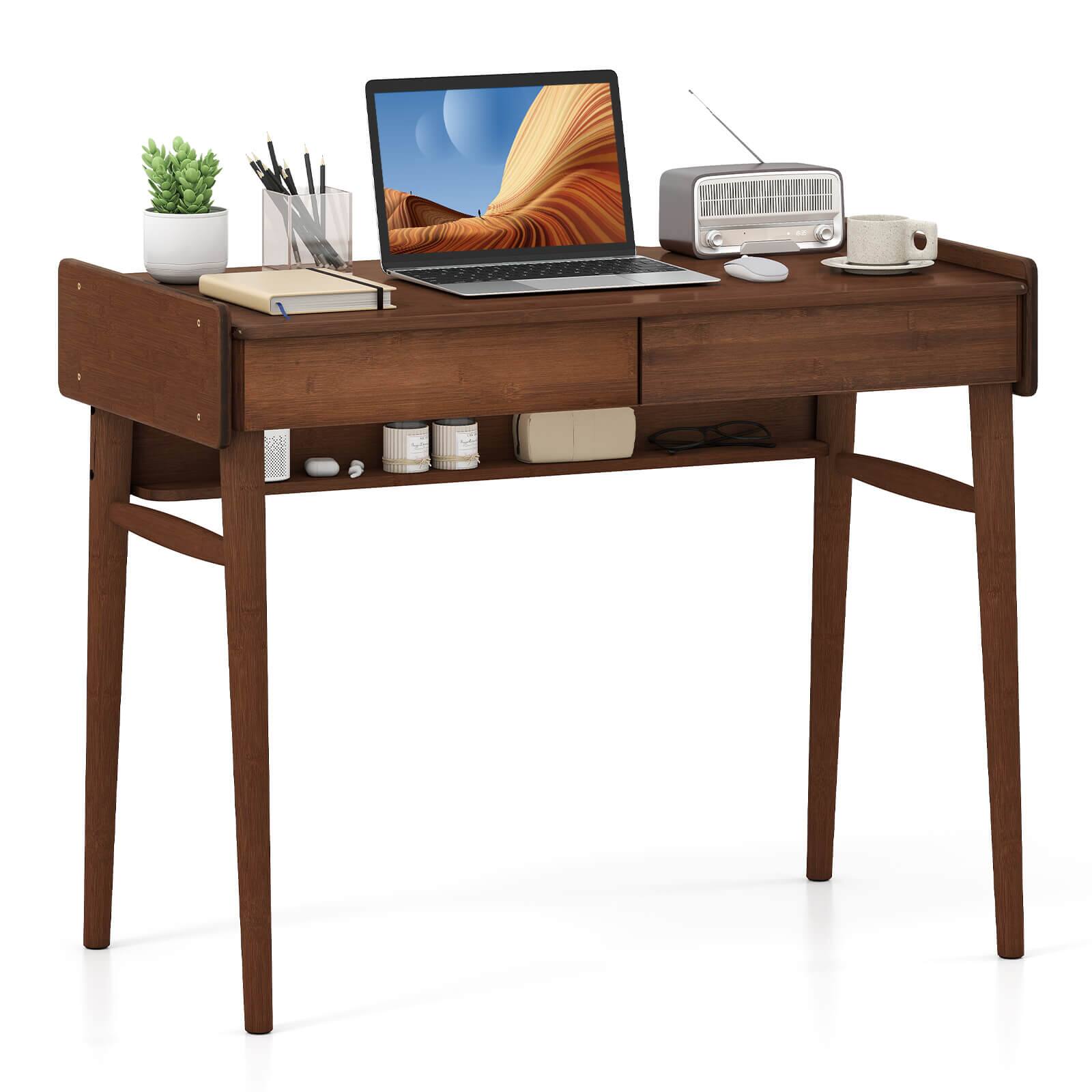 Front. Costway - Costway Bamboo Writing Desk 39.5" Computer Study Desk with 2 Storage Drawers & Open Shelf - Brown.