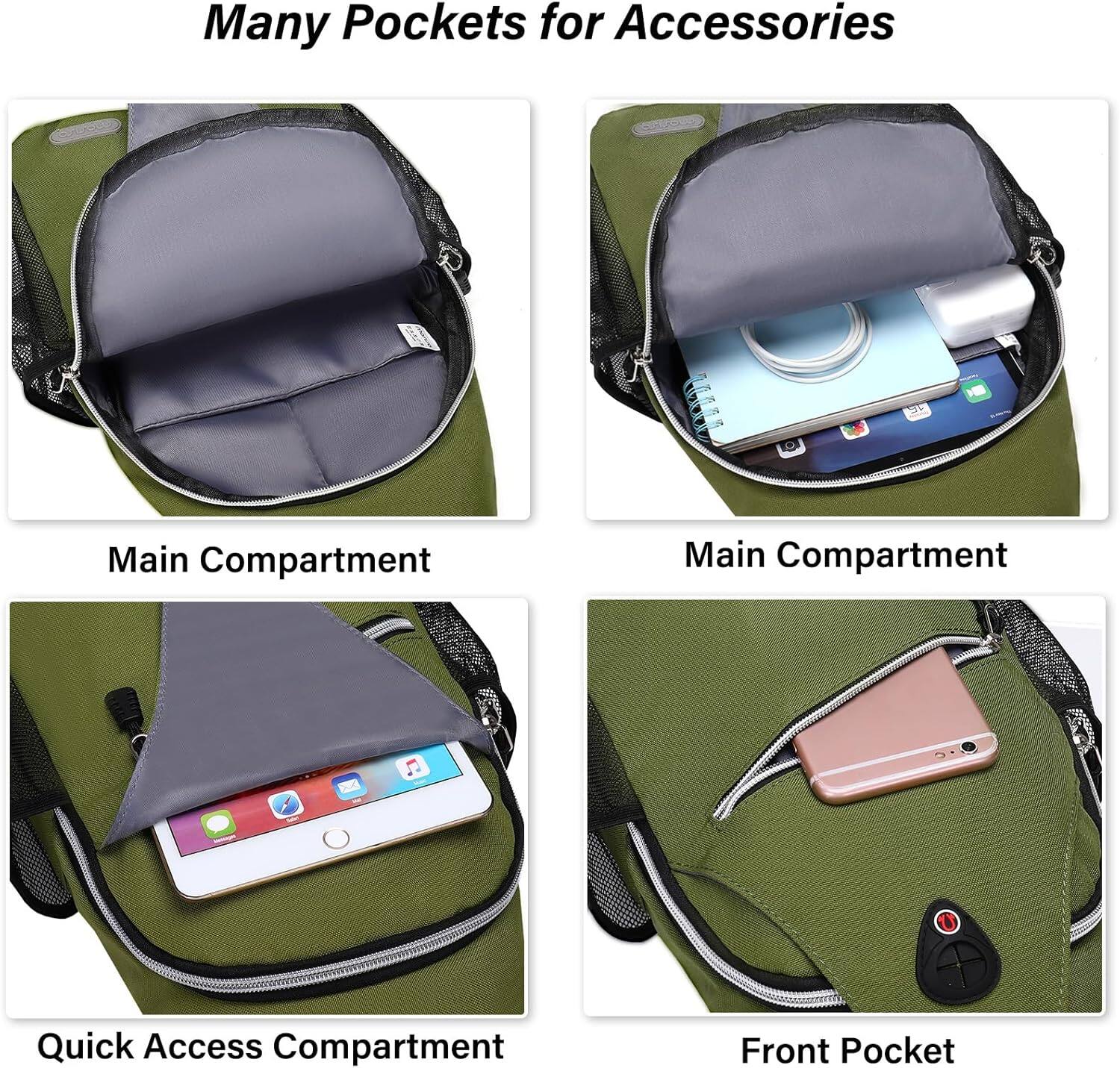 Many Pockets for Accessories

Main Compartment

Main Compartment

Quick Access Compartment

Front Pocket