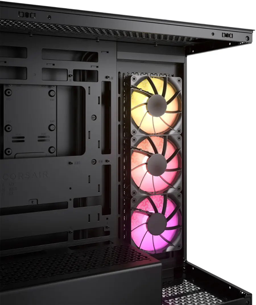 The text on the image reads: "Corsair ATX, MATX, ITX AMI." This suggests that the image features a Corsair computer case, which is designed to accommodate ATX, MATX, and ITX motherboards.