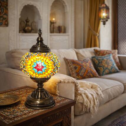 Front. FC Design - 12"H Bronze Base Elegant Globe Yellow–Orange Flowery Mosaic Turkish Lamp.