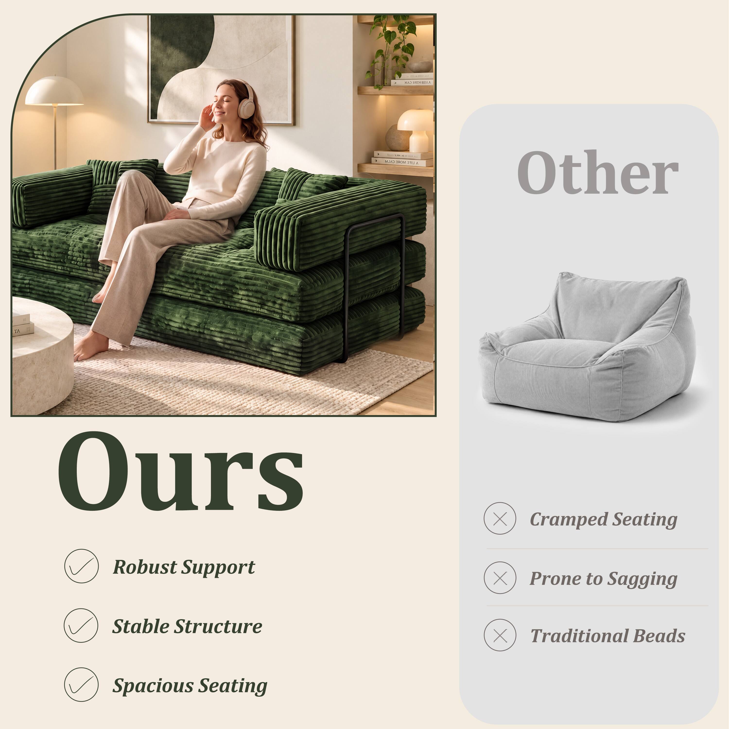 MJ EXPERIES
- 100 KM JUFE

Ours
- Robust Support
- Stable Structure
- Spacious Seating

Other
- Cramped Seating
- Prone to Sagging
- Traditional Beads