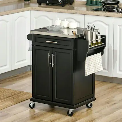 Front. Kadyn - Rolling Kitchen Island with Stainless Top, Drawer, Towel & Spice Rack, Black - Black.