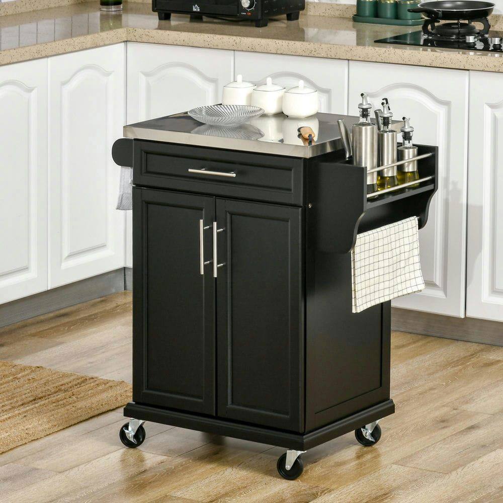 Front. Kadyn - Rolling Kitchen Island with Stainless Top, Drawer, Towel & Spice Rack, Black - Black.