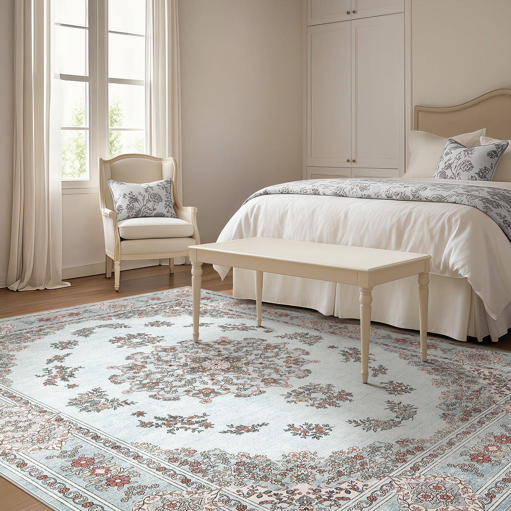 Back. Yardgrace - 8'x10' ft Floral Bohemian Area Rug, Vintage Washable Printed Boho Carpet for Living Room Bedroom - Blue.