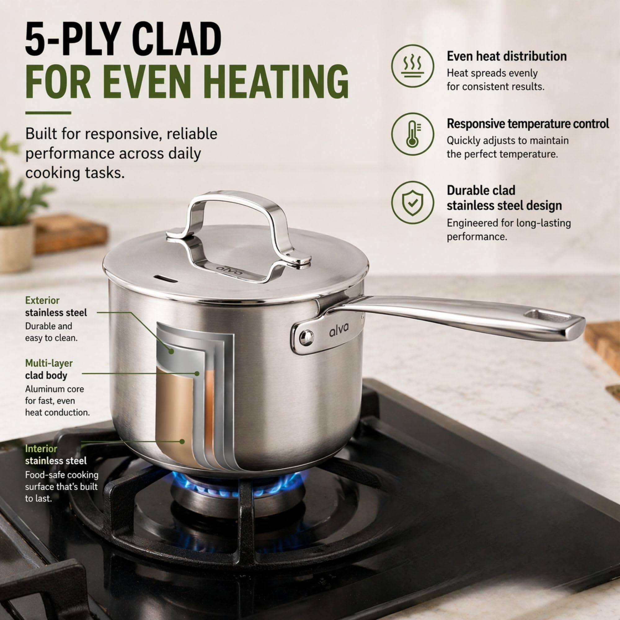 5-PLY CLAD FOR EVEN HEATING

Built for responsive, reliable performance across daily cooking tasks.

Even heat distribution
Heat spreads evenly for consistent results.

Responsive temperature control
Quickly adjusts to maintain the perfect temperature.

Durable clad stainless steel design
Engineered for long-lasting performance.

Exterior stainless steel
Durable and easy to clean.

Multi-layer clad body
Aluminum core for fast, even heat conduction.

Interior stainless steel
Food-safe cooking surface that's built to last.