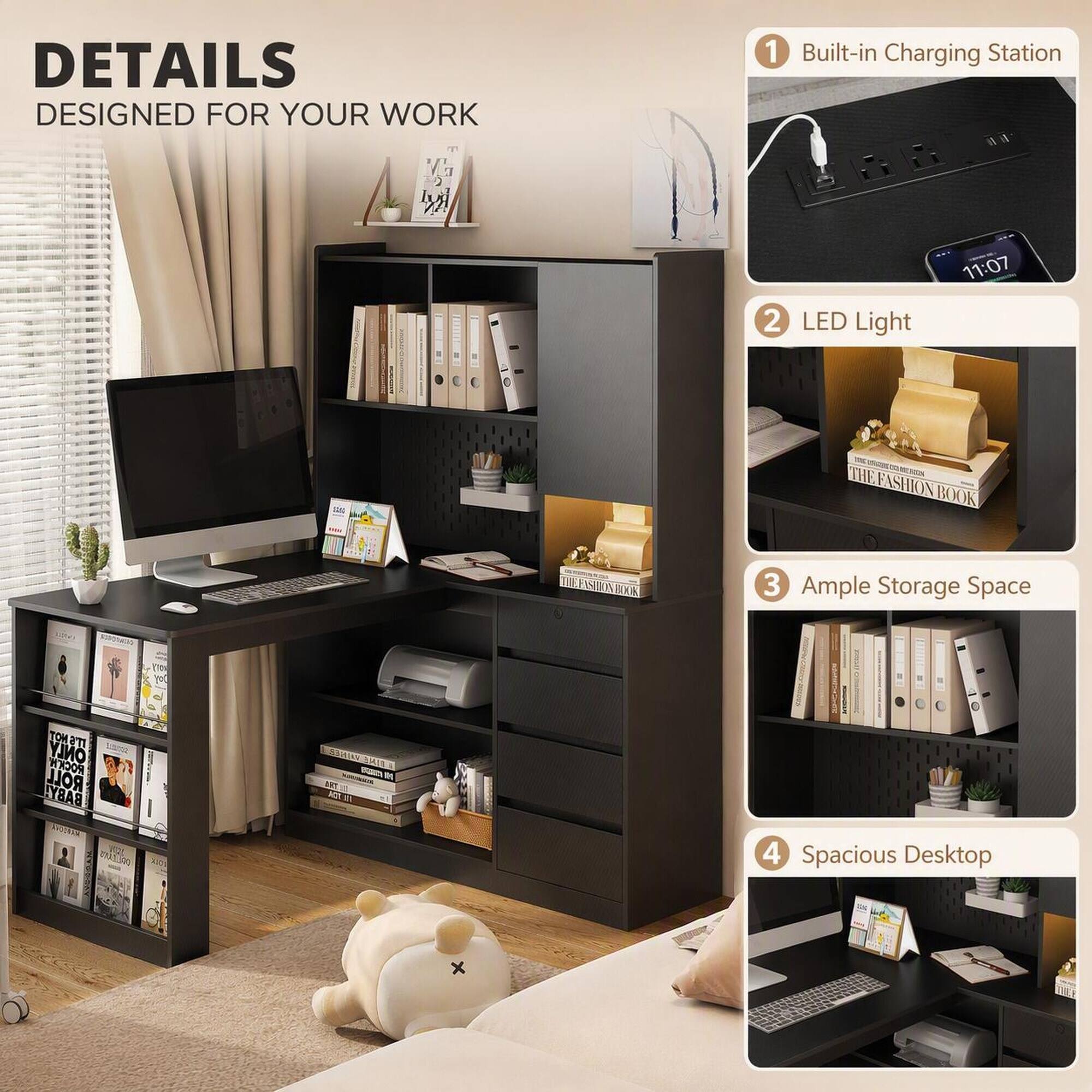 DETAILS  
DESIGNED FOR YOUR WORK

1. Built-in Charging Station  
2. LED Light  
3. Ample Storage Space  
4. Spacious Desktop