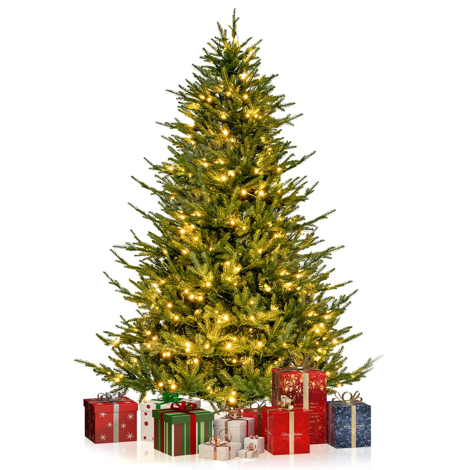 Gymax - 7 ft pre-lit artificial Christmas tree artificial hinged Christmas tree w/ 380 LED lights & 1130 Branch Tips - Green