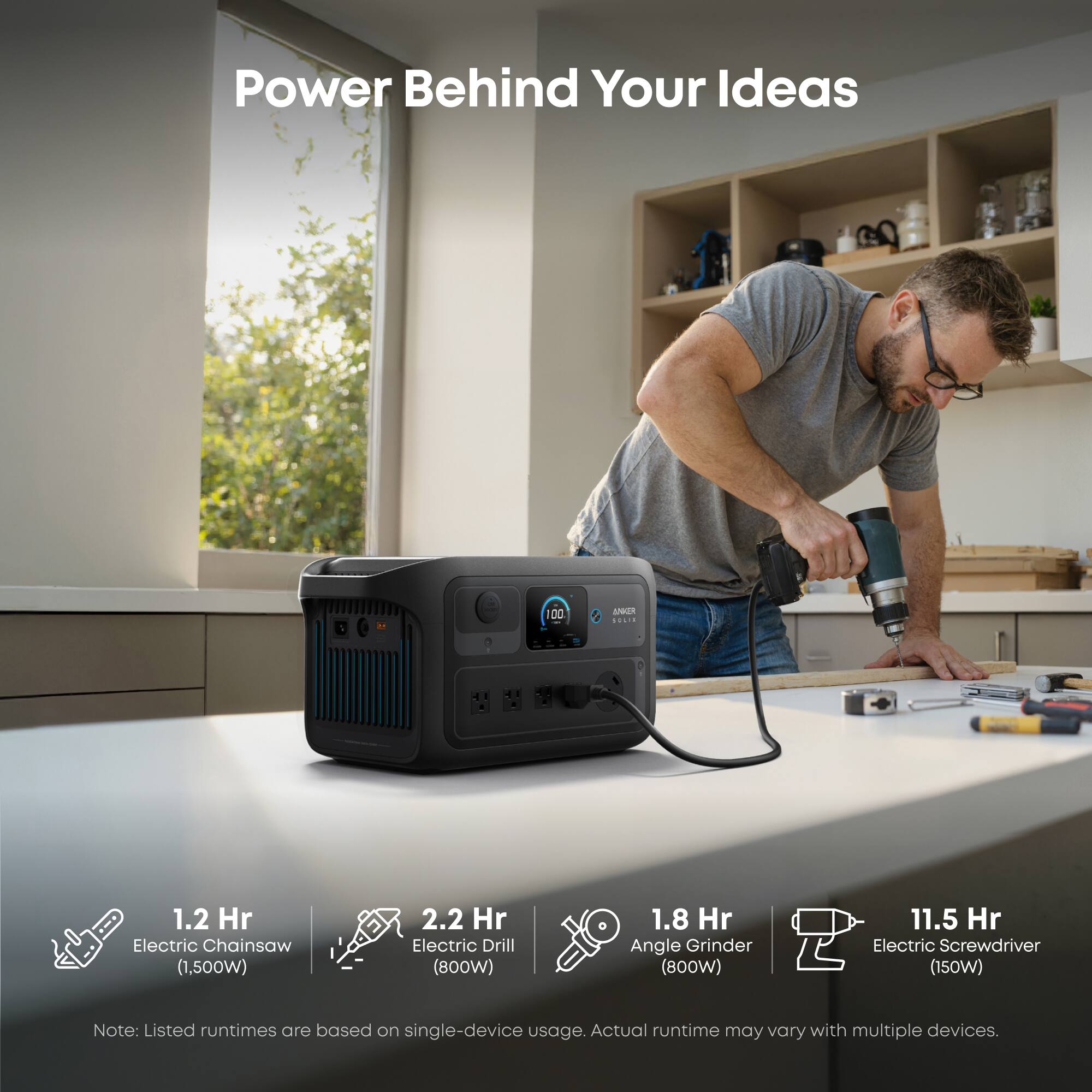 Power Behind Your Ideas

100 ANER SOLIS

- 1.2 Hr Electric Chainsaw (1,500W)
- 2.2 Hr Electric Drill (800W)
- 1.8 Hr Angle Grinder (800W)
- 11.5 Hr Electric Screwdriver (150W)

Note: Listed runtimes are based on single-device usage. Actual runtime may vary with multiple devices.