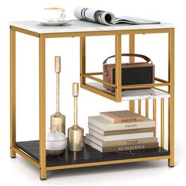 Gymax - End Table 3-Tier Faux Marble Side Table w/ Storage Shelves Luxury Rectangular Sofa Side Table - Marble & Golden