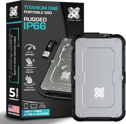 TITANIUM ONE X PORTABLE SSD
RUGGED IP66
TITANIUM MICRO
UP TO 550MB/s
DROP PROOF
WATER RESISTANT
5 YEARS WARRANTY*
USB-C CABLE & USB-A ADAPTER
USA BRAND
BUILT IN WRAP AROUND CABLE