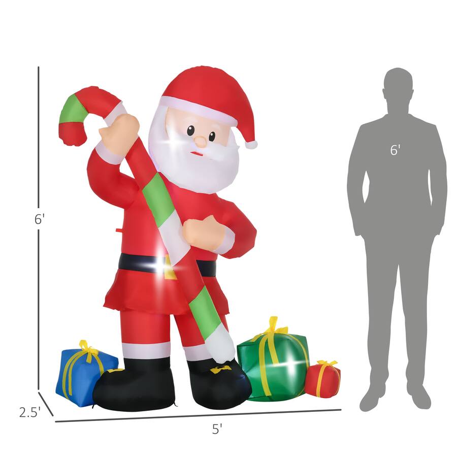 Homcom 6ft Inflatable Santa with Candy Cane, Outdoor Blow Up LED Yard ...