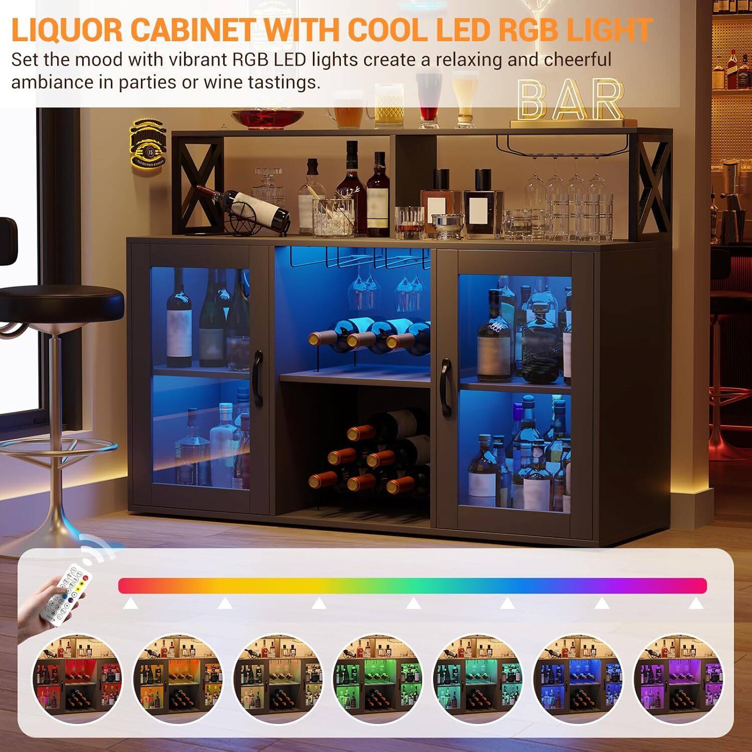 LIQUOR CABINET WITH COOL LED RGB LIGHT

Set the mood with vibrant RGB LED lights to create a relaxing and cheerful ambiance in parties or wine tastings.

BAR
