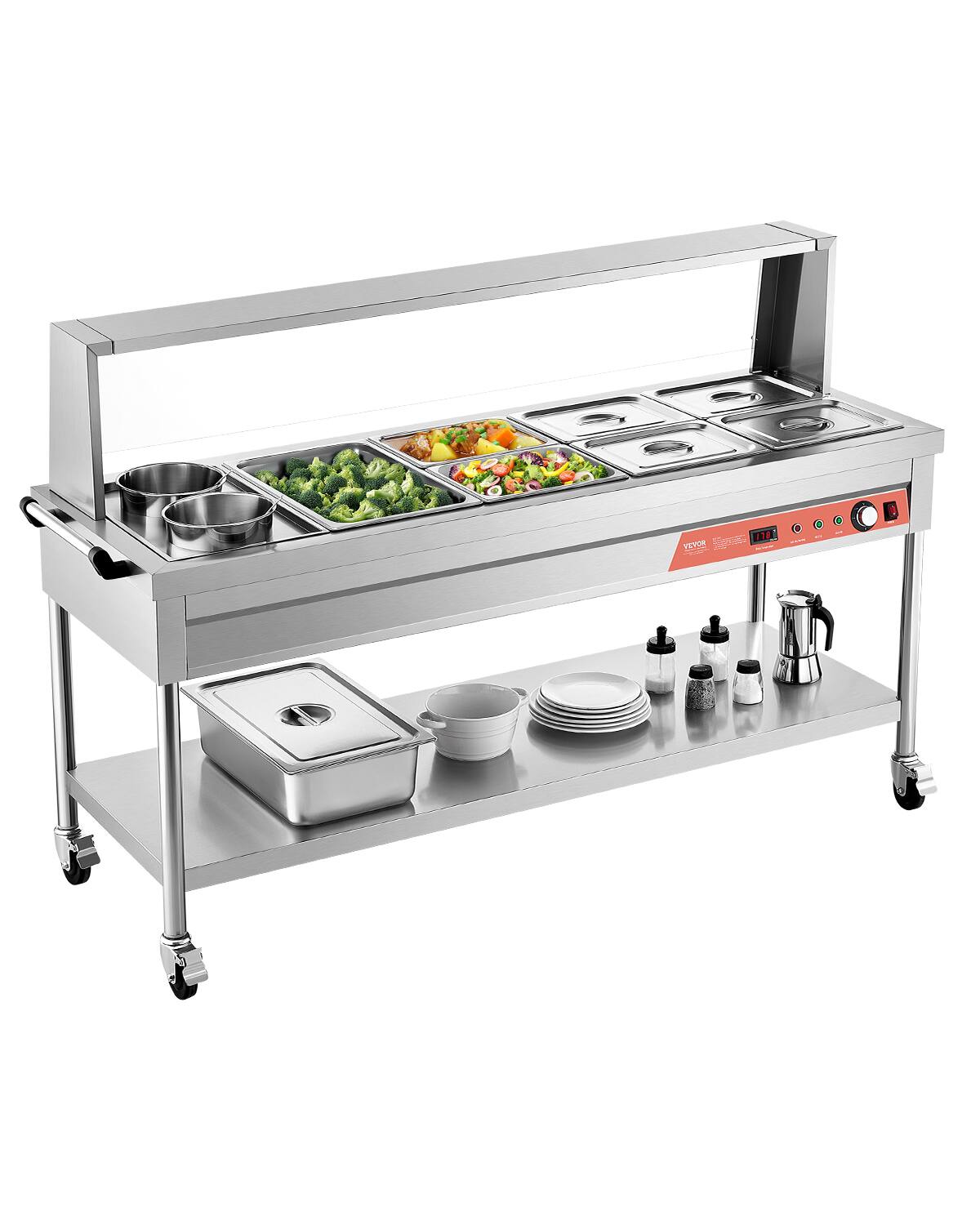 Front. VEVOR - Commercial Electric Food Warmer, 7 Pans + 2 Pots Steam Table, 1800W Professional Buffet Catering Food Warmer - Silver.