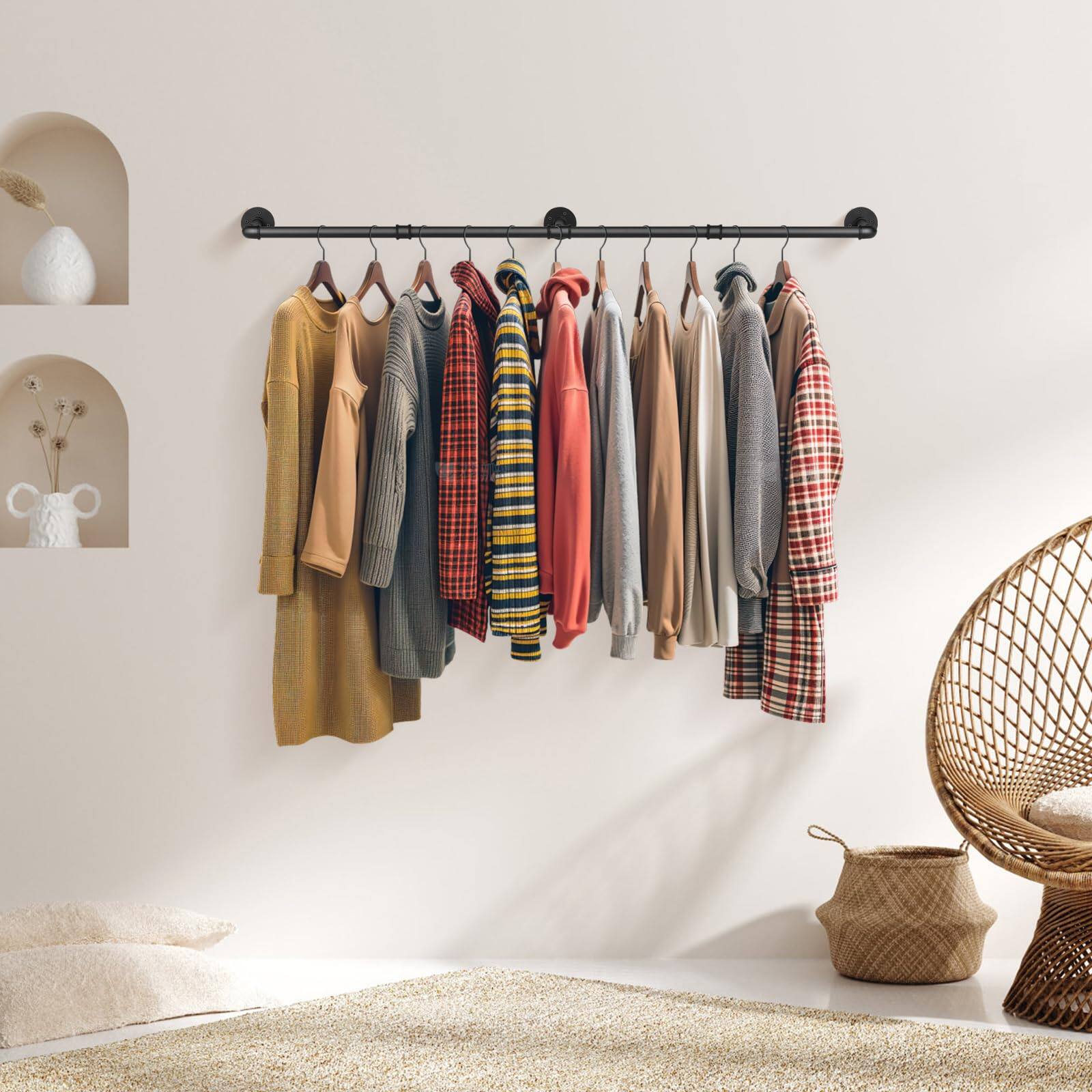 Alt View 7. ThinkLink Electronic - 60" Wall-mounted Clothes Rack Heavy-duty Space-saving Industrial Pipe Closet With Double Rods Easy To Install - Black 60 IN.