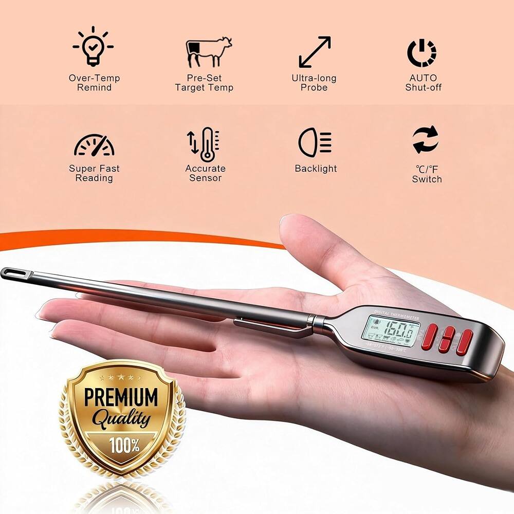 - Over-Temp Remind
- Pre-Set Target Temp
- Ultra-long Probe
- AUTO Shut-off
- Super Fast Reading
- Accurate Sensor
- Backlight
- °C/°F Switch

DUDITAL THERMOMETER

PREMIUM Quality 100%