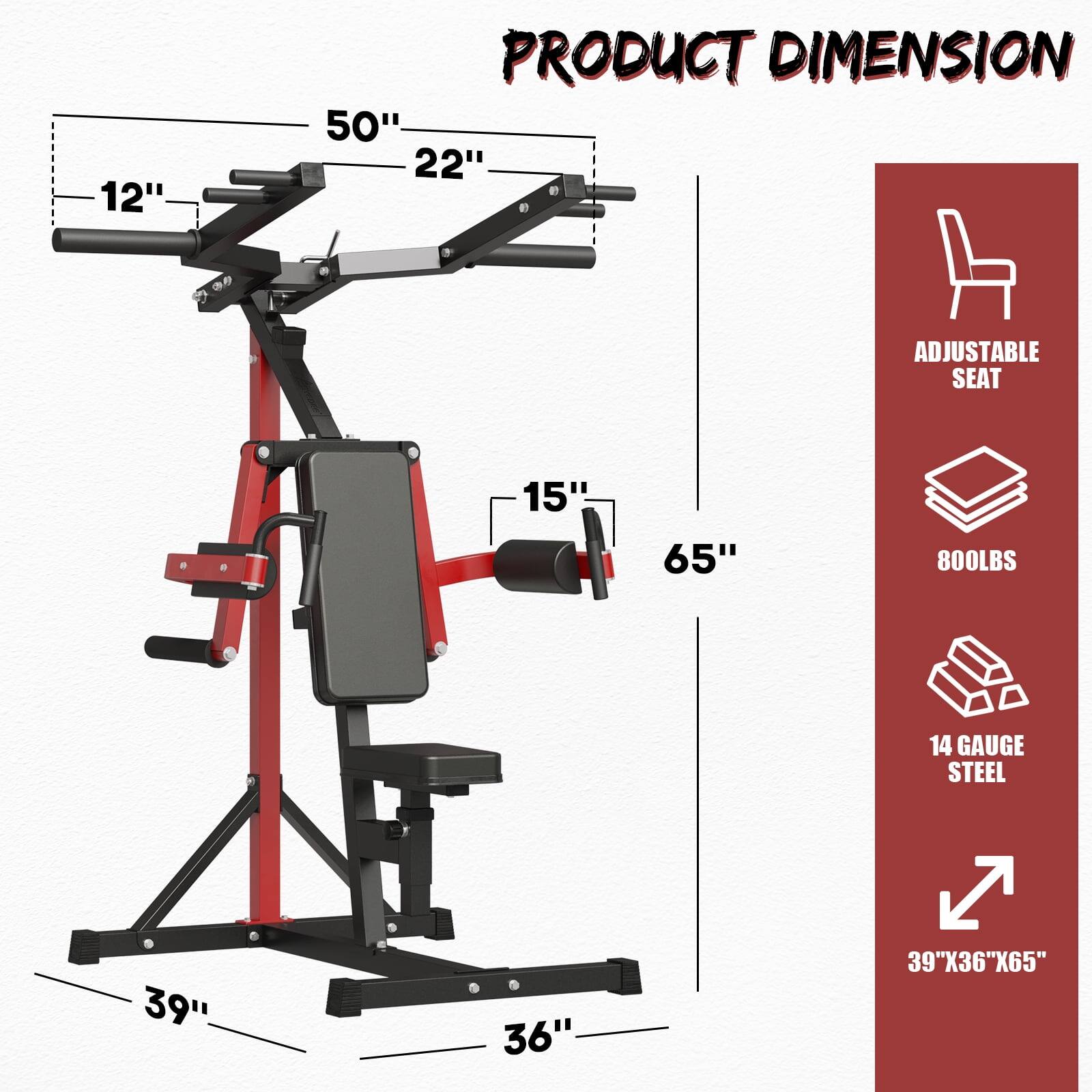 PRODUCT DIMENSION, 12", 50", 22", ADJUSTABLE SEAT, 15", 65", 800LBS, 14 GAUGE STEEL, 39", 36", 39"X36"X65"