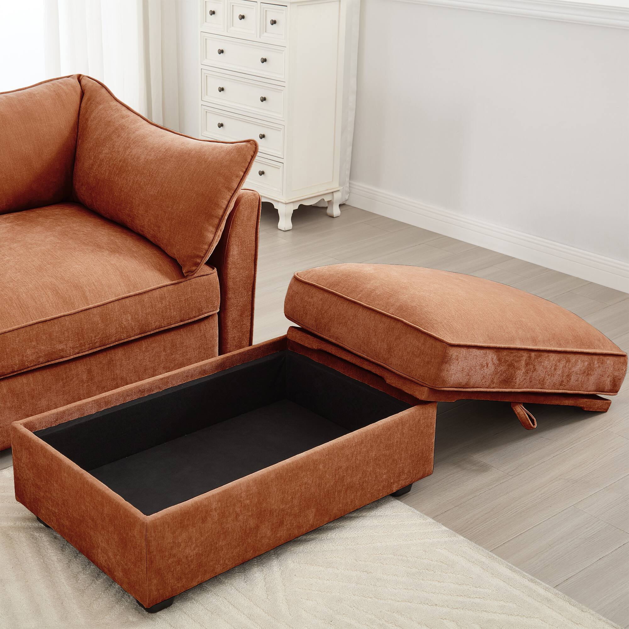 Alt View 1. Aukfa - U-Shaped 3-Seater Deep-Seat Sofa with 2 Footstools - Pull-Out Storage Drawers, Crescent Armrests, Chenille - Orange.