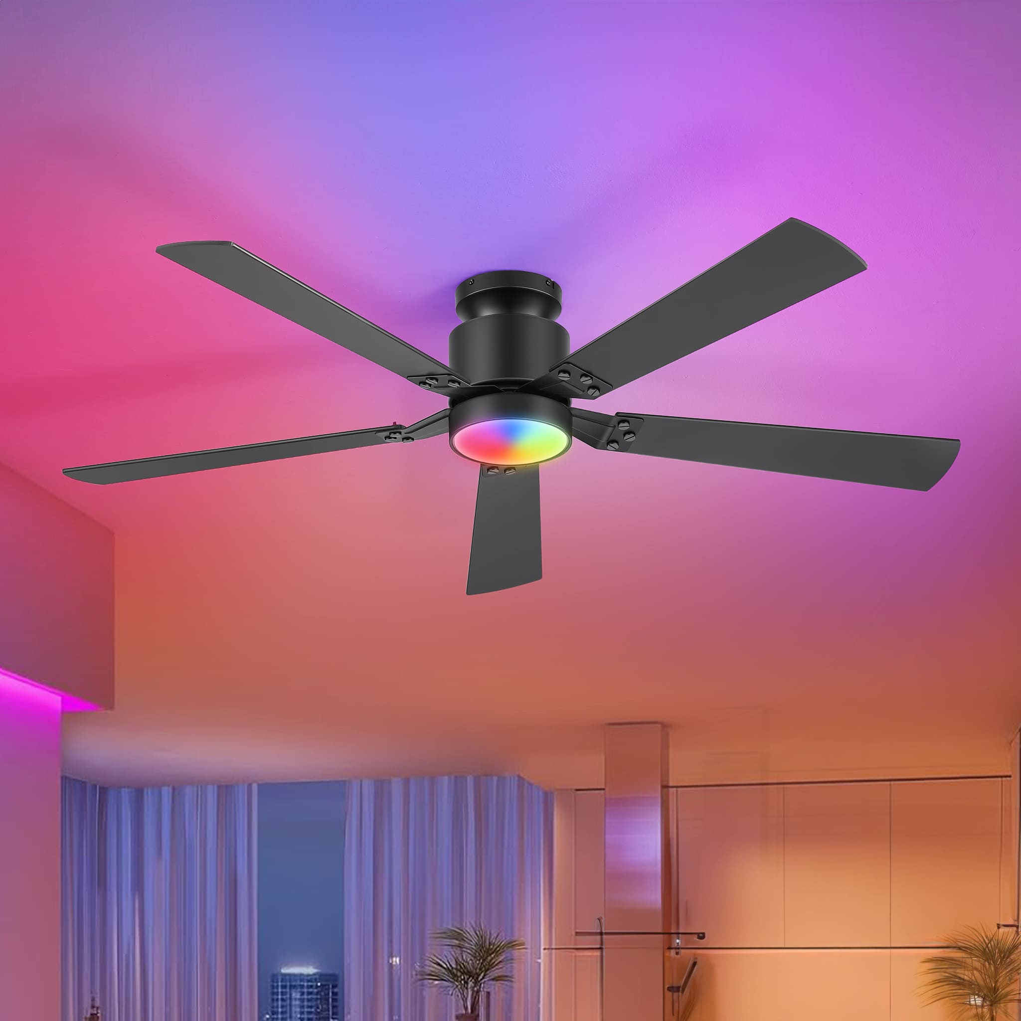 Breezary - 52-Inch Modern Ceiling Fan with Acrylic Light Shade, RGB LED Light, 6-Speed Remote, Timer, Flush Mount - Black and Walnut
