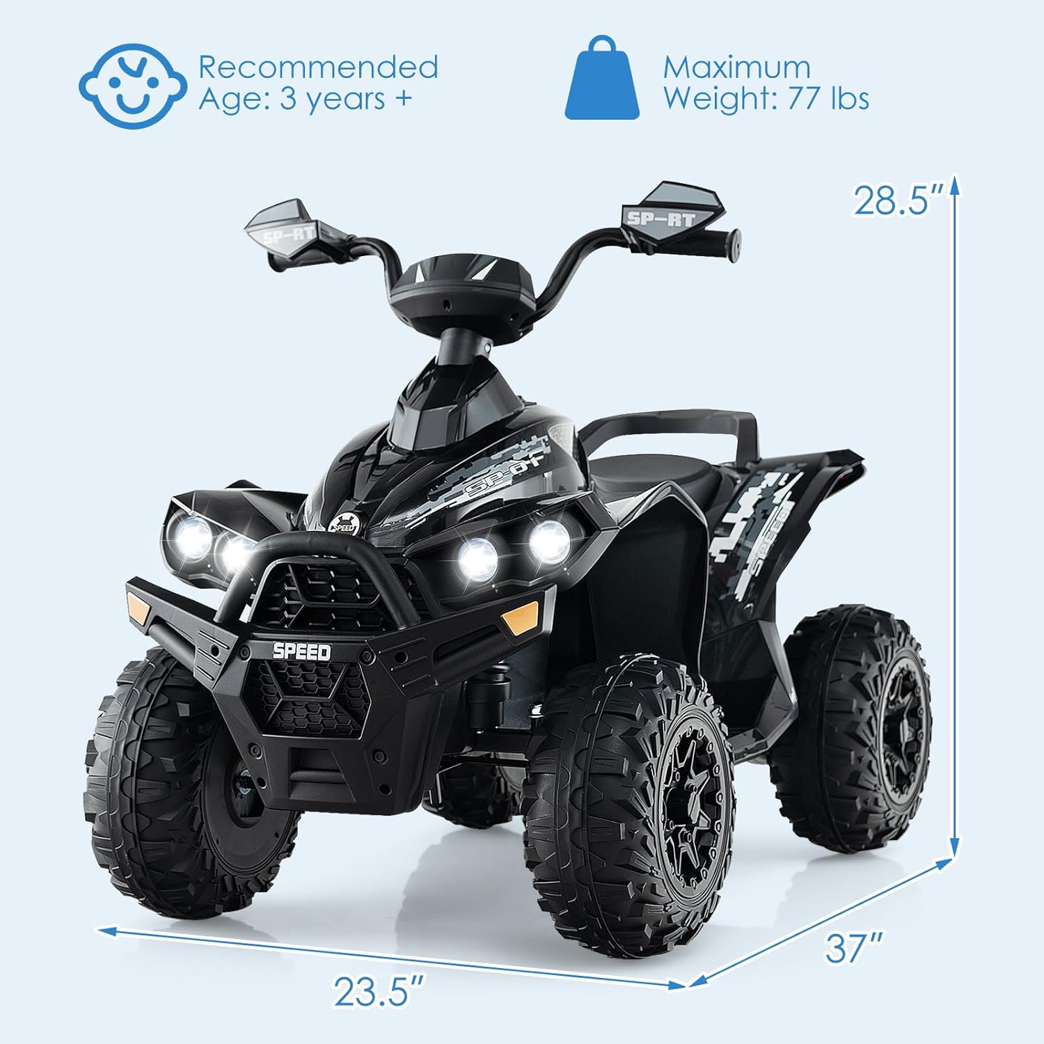 Recommended Age: 3 years +  
Maximum Weight: 77 lbs  

SP-RT  
28.5"  
23.5"  
37"