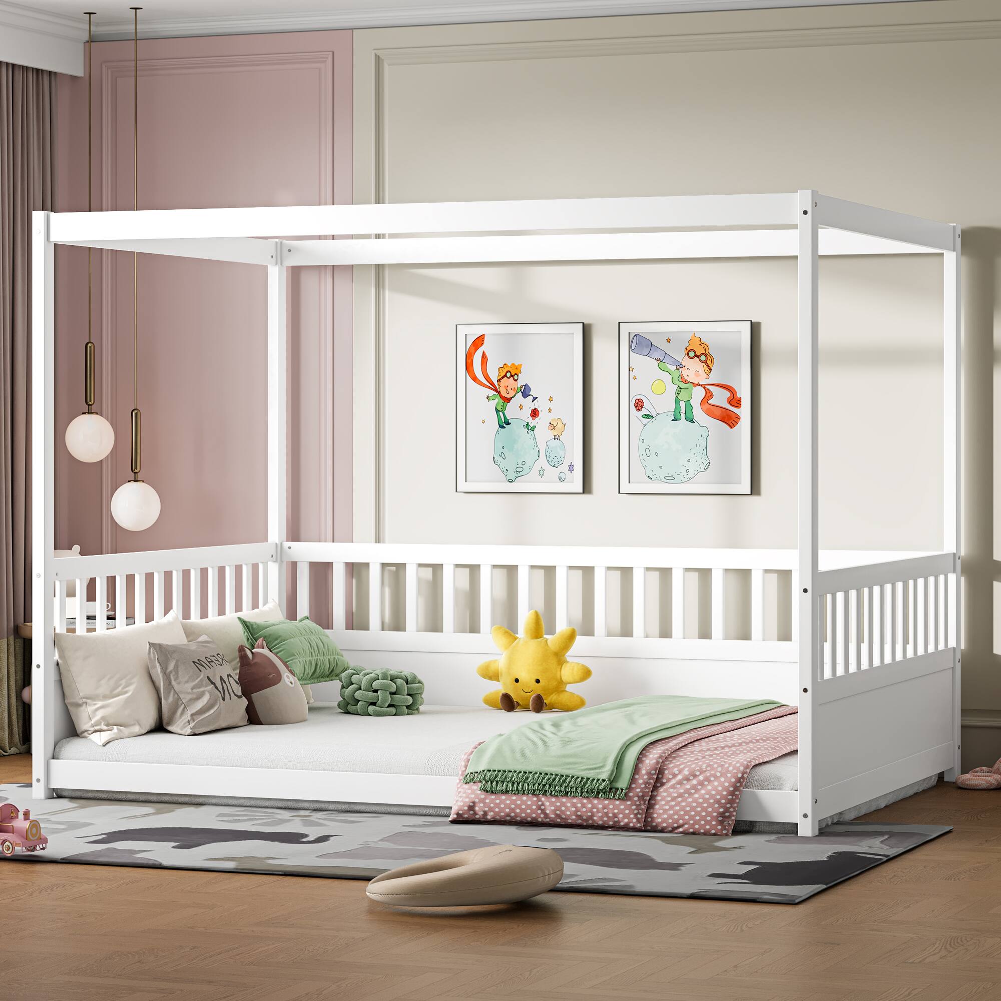 Left. GOODSILO - Full Size Canopy Bed Frame with Guardrails, Kids Montessori Floor Bed, Wood Four Poster Bed for Girls Boys - White.