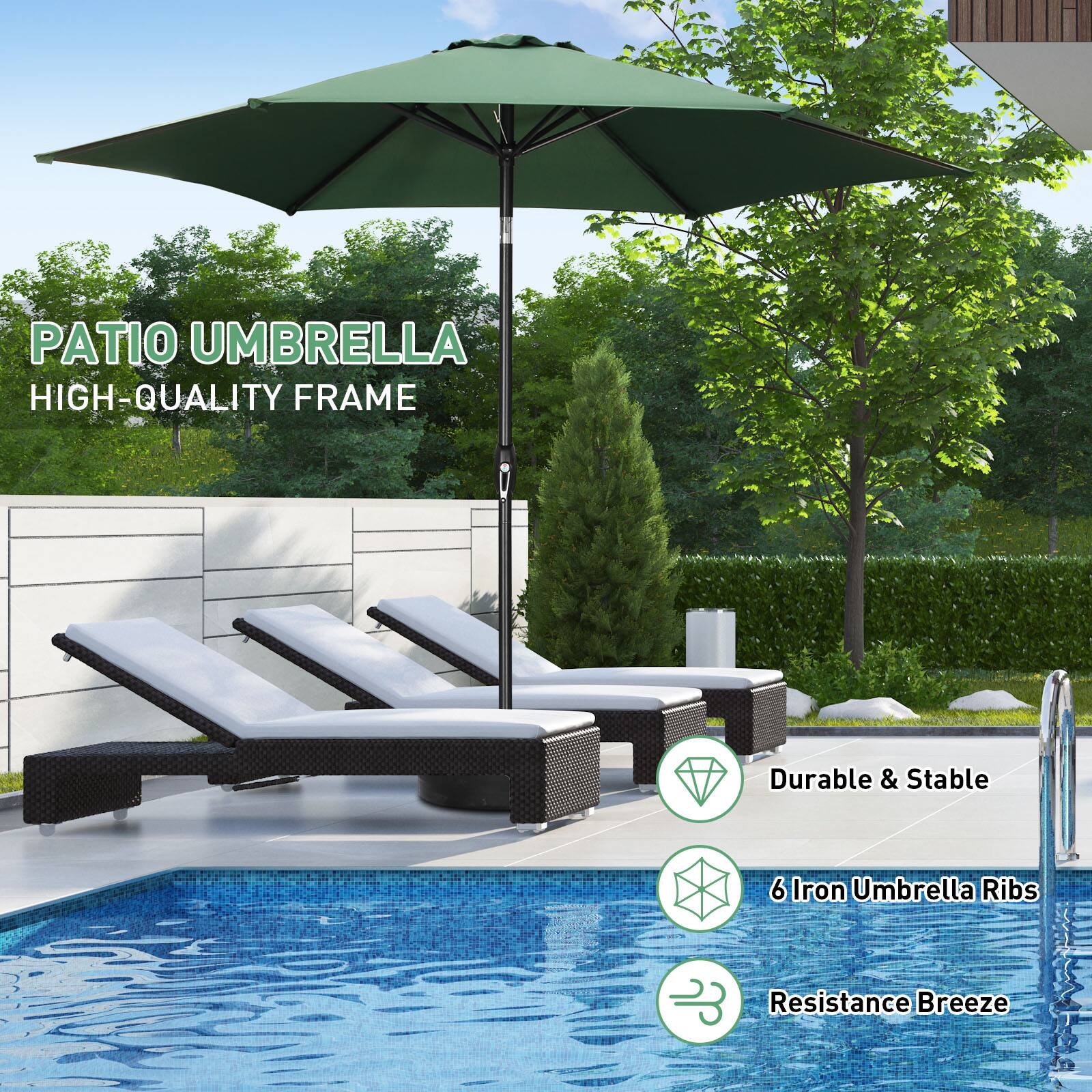 PATIO UMBRELLA  
HIGH-QUALITY FRAME  
Durable & Stable  
6 Iron Umbrella Ribs  
Resistance Breeze