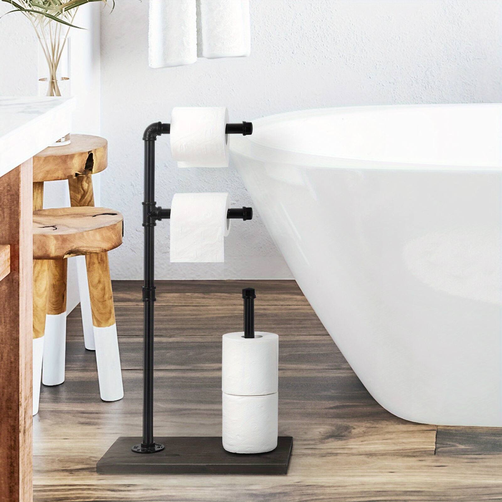 Alt View 3. Oumilen - Industrial Pipe Freestanding Toilet Paper Holder – Double Roll Stand with Dark Wood Grain Base.