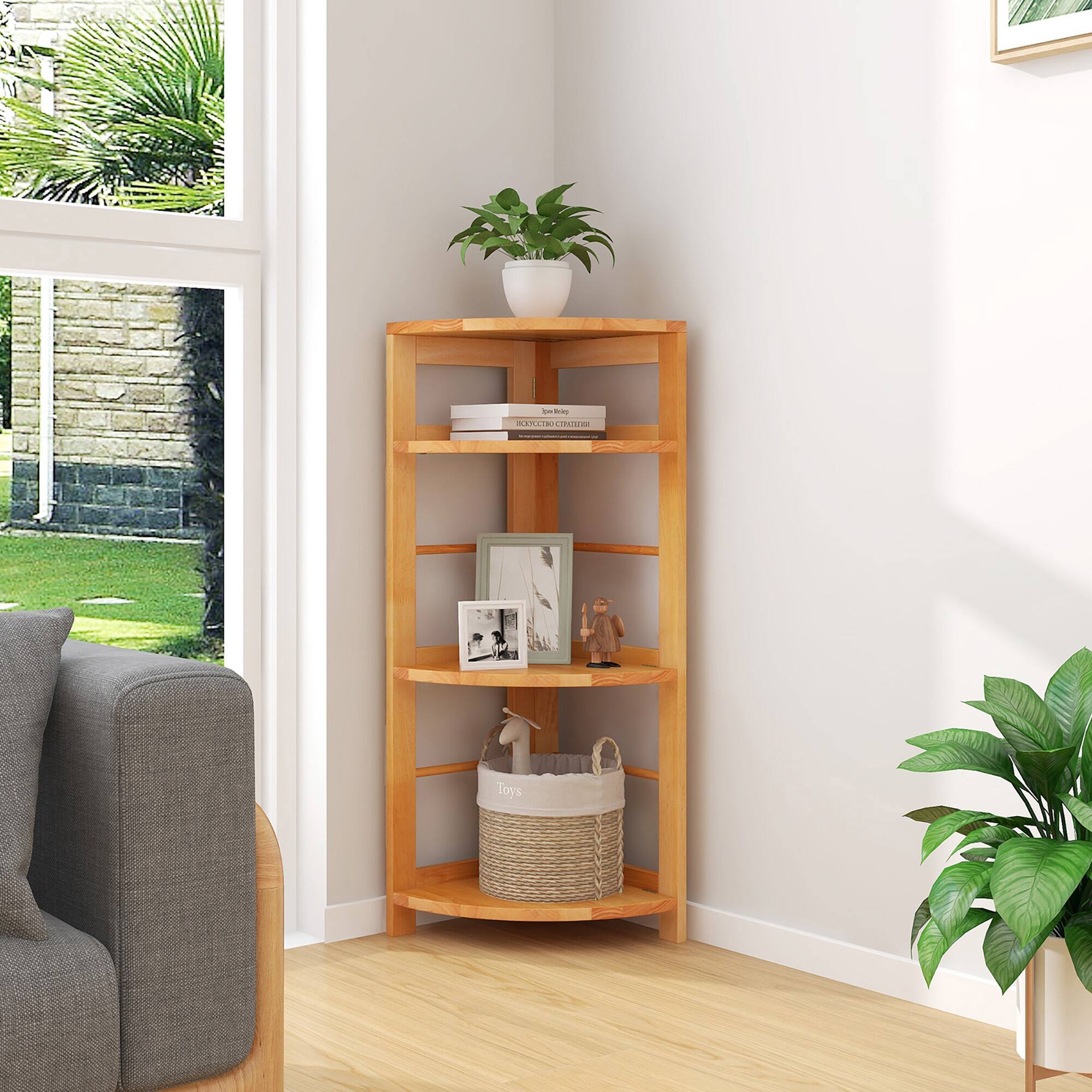 Alt View 4. Gymax - Gymax 4-Tier Corner Shelf w/ Rubber Wood Frame Anti-Toppling Kit Home Office Natural - Natural.