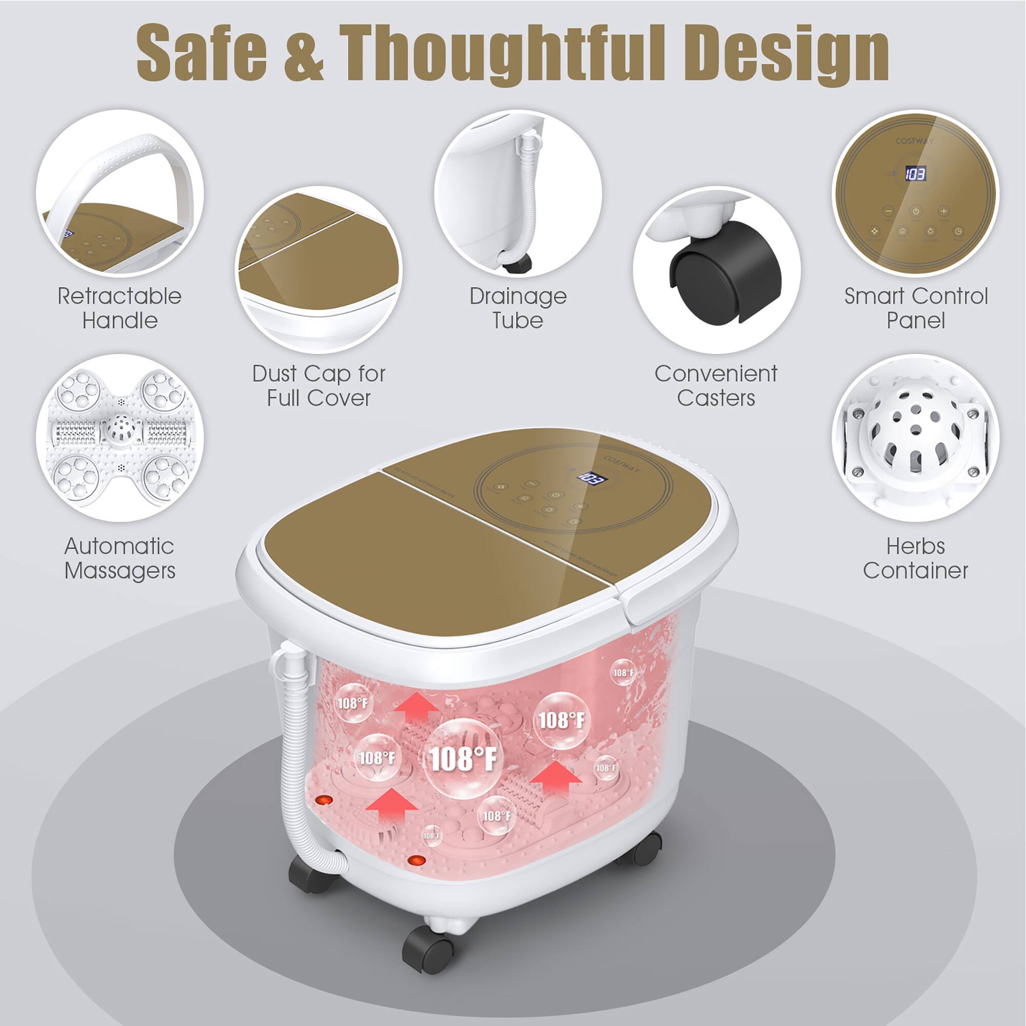 Safe & Thoughtful Design:
1. Retractable Handle
2. Drainage Tube
3. Smart Control Panel
4. Dust Cap for Full Cover
5. Convenient Casters
6. Automatic Massagers
7. Herbs Container
8. 108F
9. 108F
10. 108F
11. 108F
12. 1001
13. 18 F