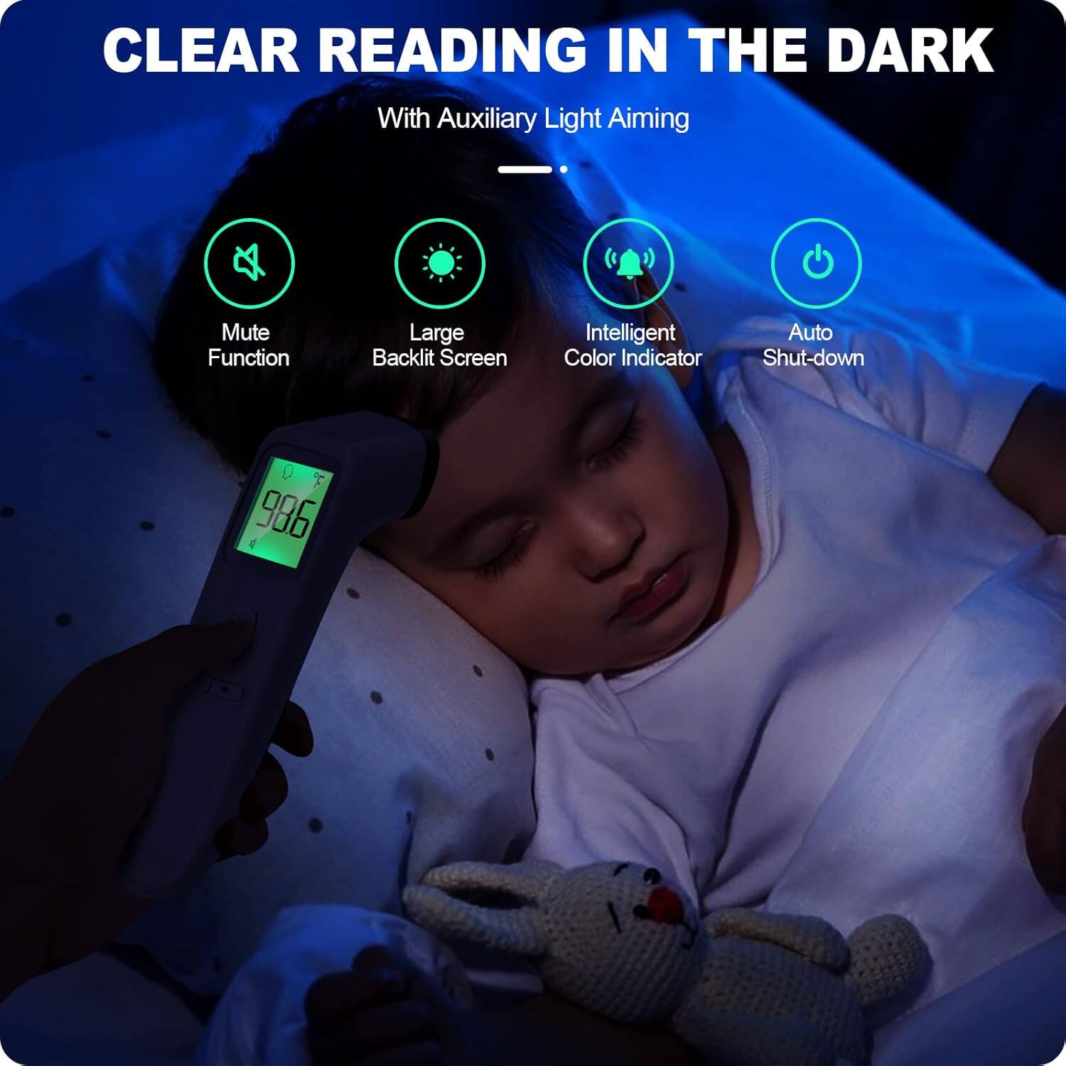 CLEAR READING IN THE DARK  
With Auxiliary Light Aiming  
Mute Function  
Large Backlit Screen  
Intelligent Color Indicator  
Auto Shut-down  
Q F 996