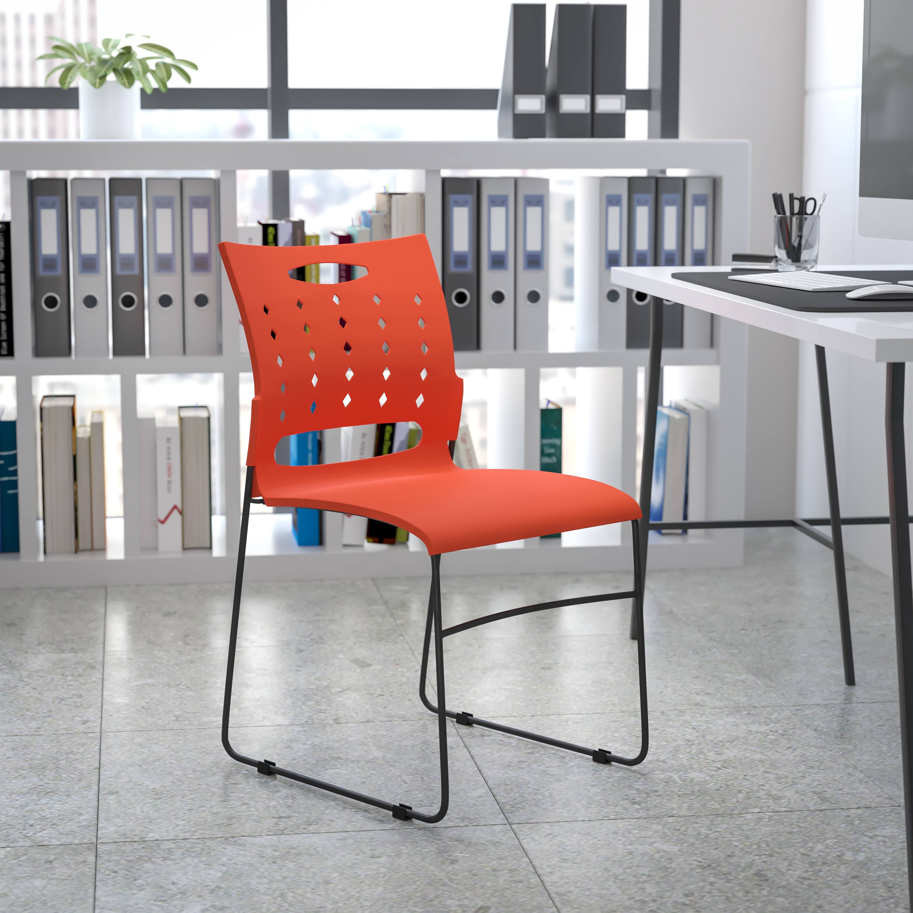 Alt View 1. Emma + Oliver - Home Office Plastic Accent Sled Base Stack Chair - Air-Vent Back - Orange.