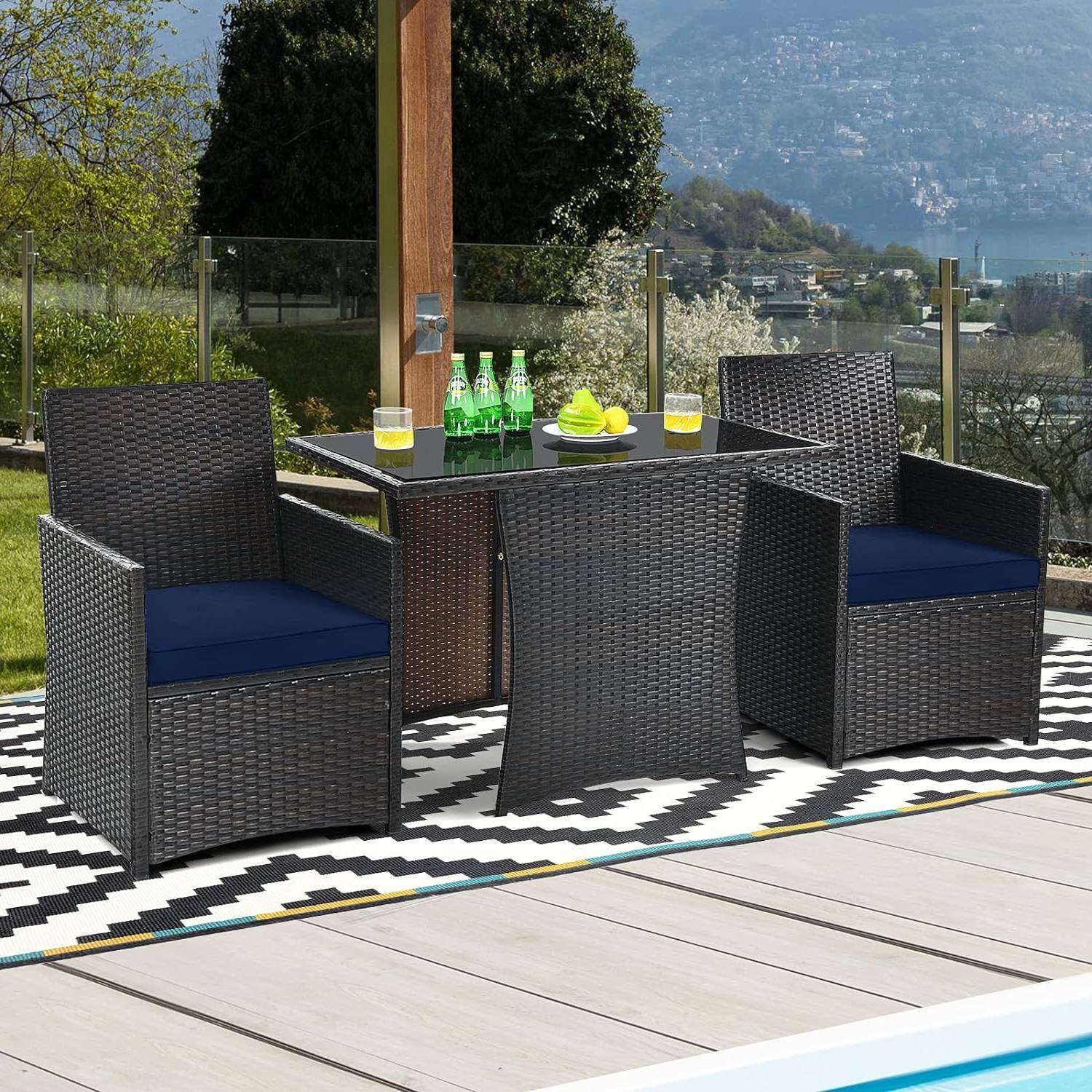Back. Hivvago - 3-Piece Patio Furniture Outdoor Dining Set Brown PE Rattan Navy Blue Cushions - Navy Blue, Brown.
