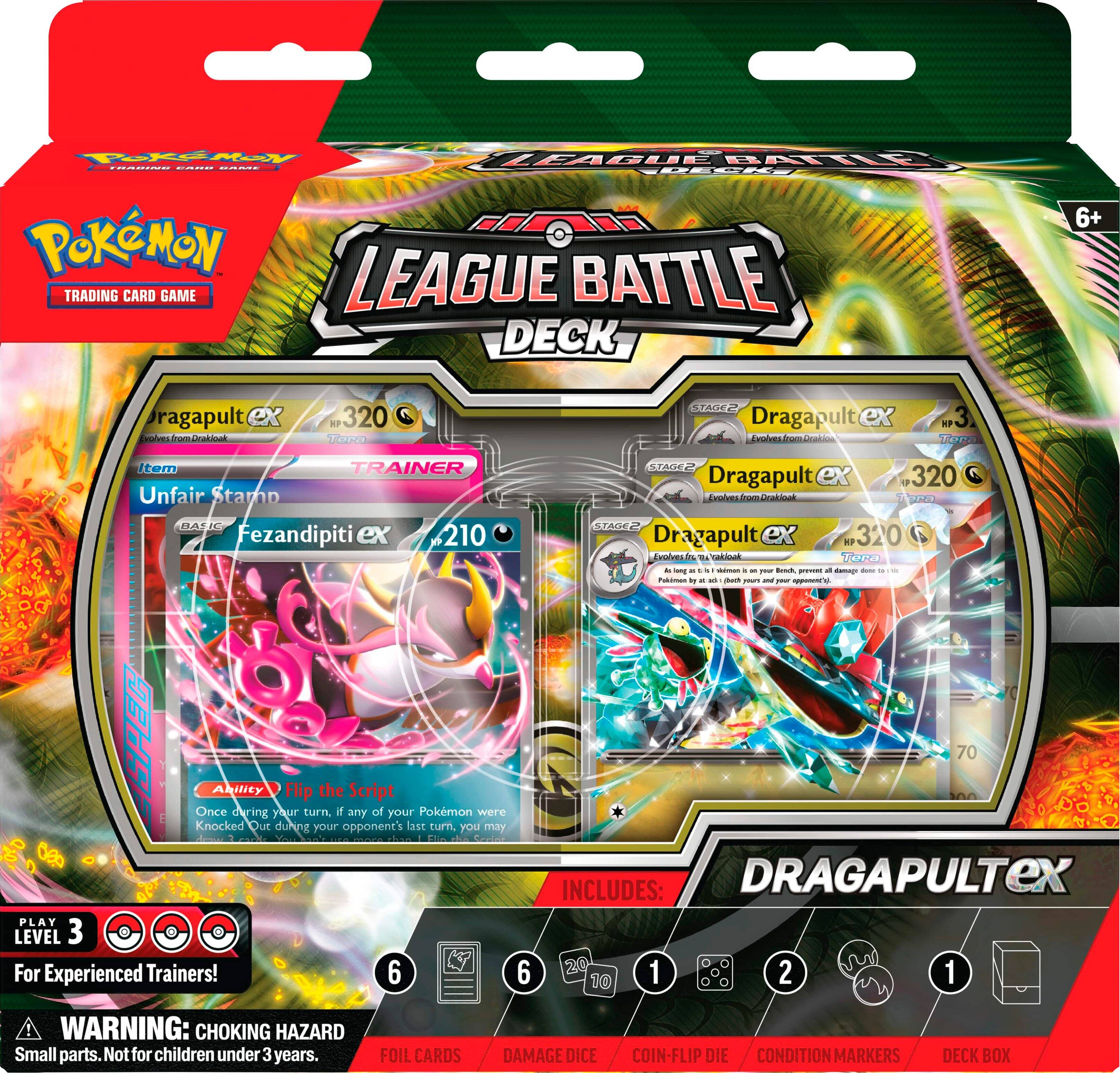 Pokemon Trading Card Game League Battle Deck

Includes:

* Dragapult ex VA 320
* Starex 210
* Flareon 120
* Gyarados 120
* Pikachu 60
* 6 Pokemon Cards
* 6 Energy Cards
* 6 Trainer Cards
* 2 Condition Markers
* 1 Deck Box
* 1 Damage Dice
* 1 Coin-Flip Die
* 1 Foil Card
* 1 Training Guide

WARNING: CHOKING HAZARD - Small parts. Not for children under 3 years.