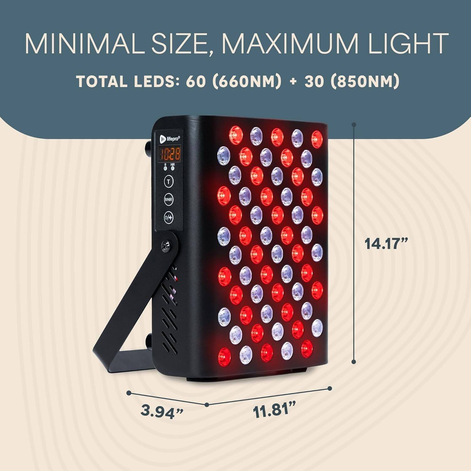 MINIMAL SIZE, MAXIMUM LIGHT  
TOTAL LEDs: 60 (660NM) + 30 (850NM)  
14.17" x 11.81" x 3.94"