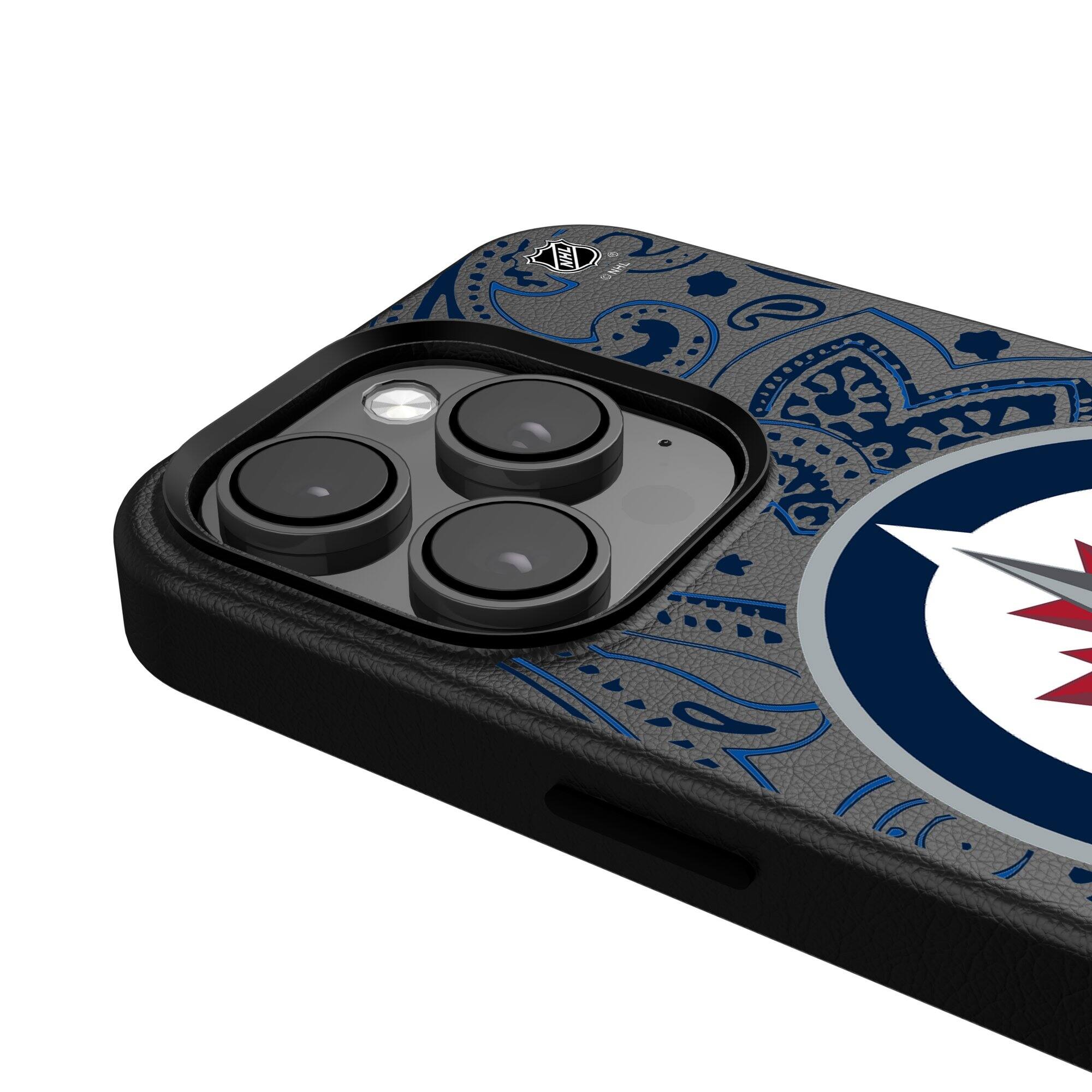 Alt View 3. Keyscaper - Black Winnipeg Jets Paisley iPhone Magnetic Bump Case - 16 Pro Max - Black.