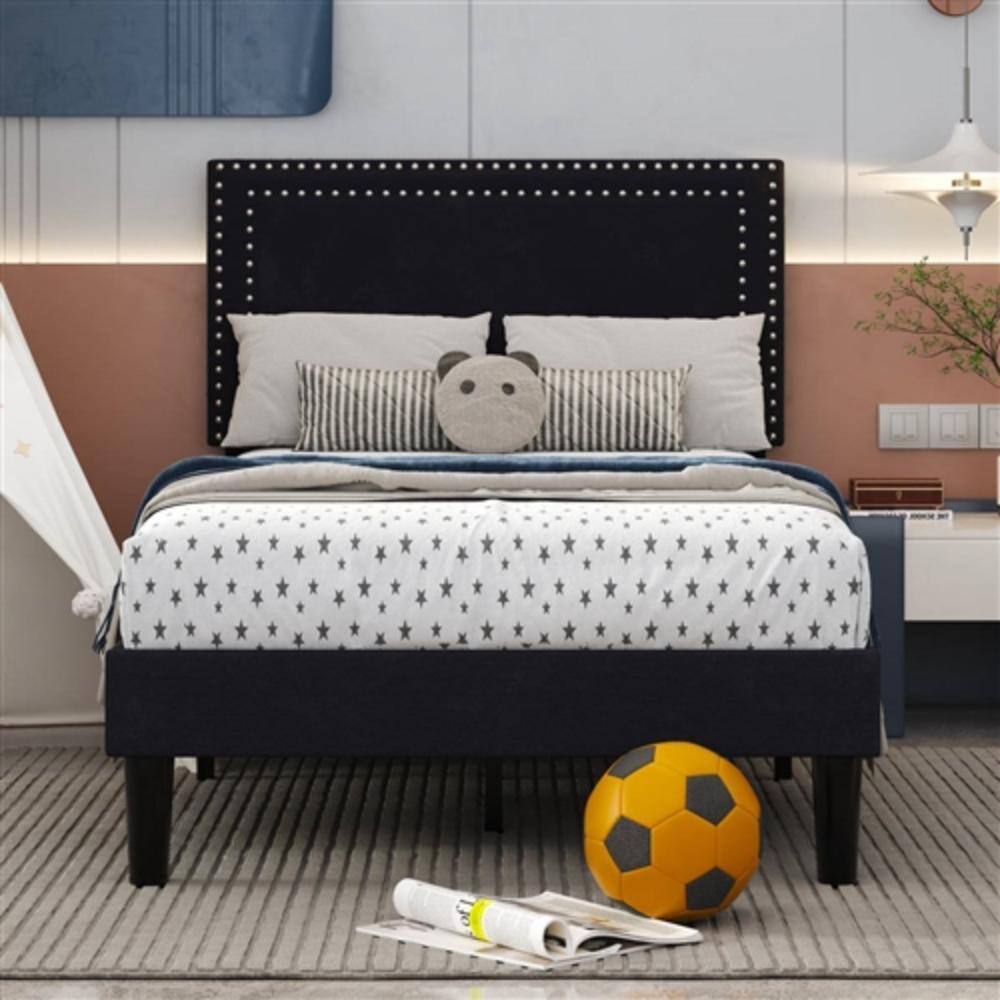 Left. Hivvago - Set of 2 - Twin Dorm Style Black Tufted Upholstered Platform Bed with Headboard - Black.