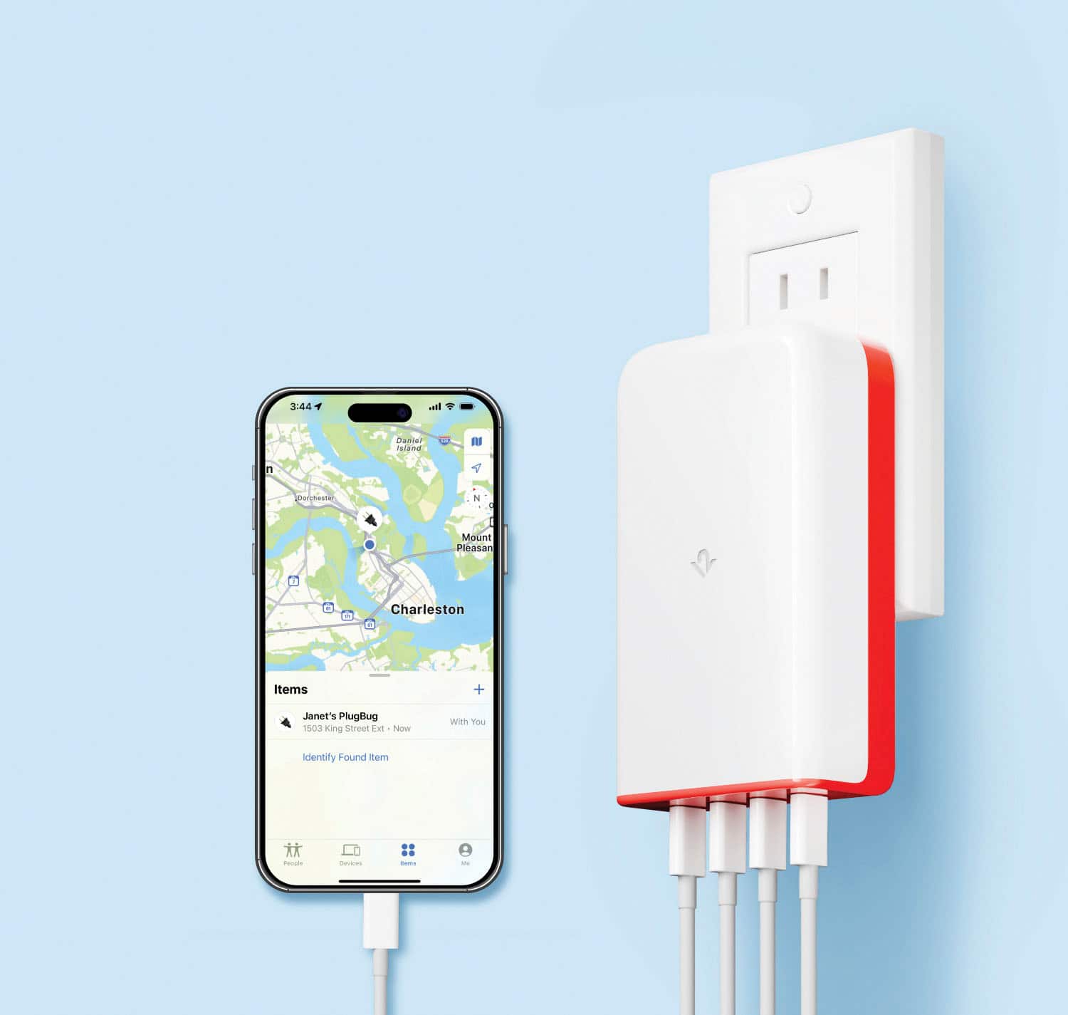 The image shows a cell phone plugged into a charger, which is connected to a wall outlet. The phone is displaying a map of Charleston, South Carolina. The outlet is located near a wall, and the charger is positioned close to the phone.