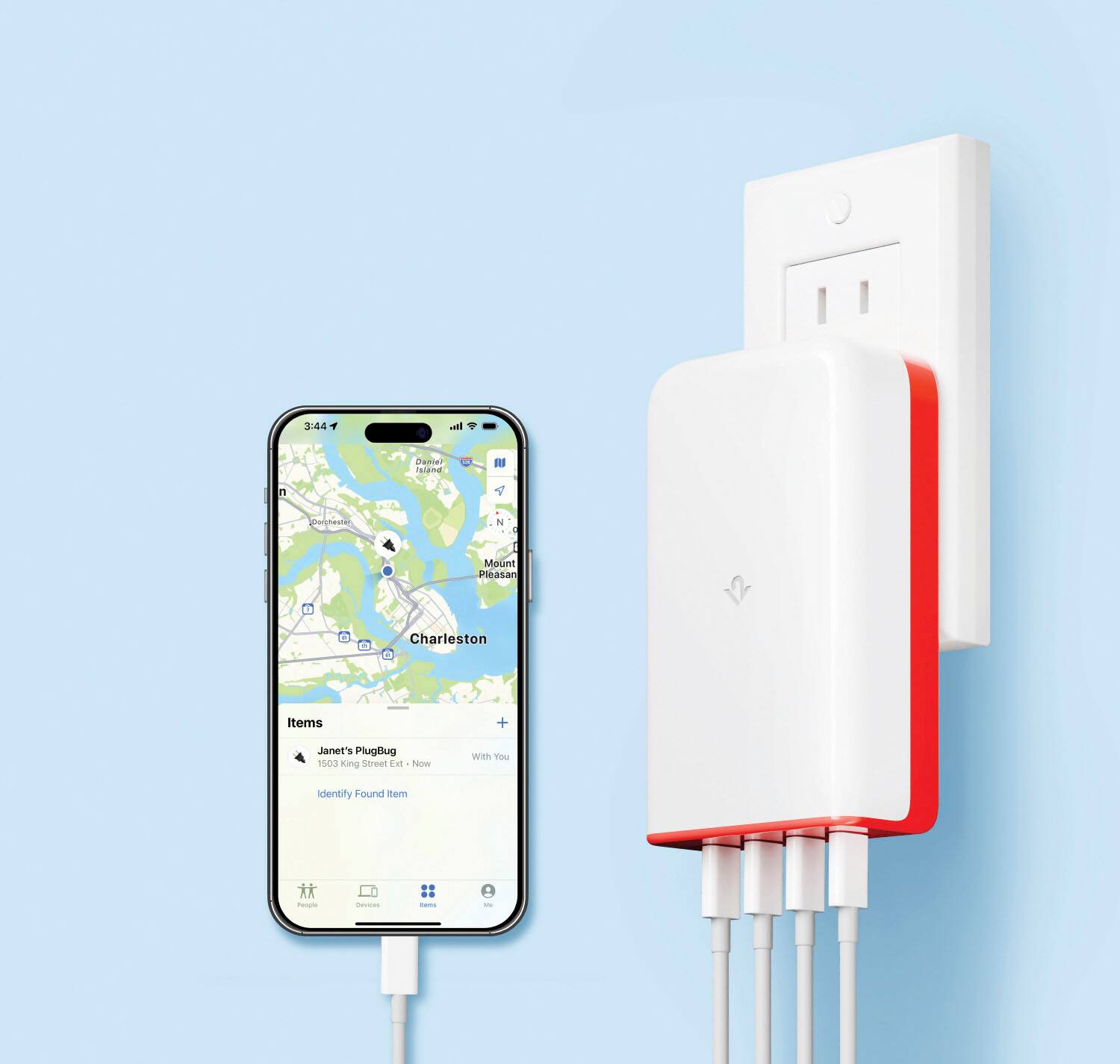 The image shows a cell phone plugged into a charger, which is connected to a wall outlet. The phone is displaying a map of Charleston, South Carolina. The outlet is located near a wall, and the charger is positioned close to the phone.