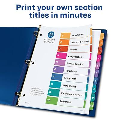 Print your own section titles in minutes

MORVANA WIRELESS

1. Introduction
2. Company Overview
3. Policies
4. Compensation
5. Medical Benefits
6. Dental Plan
7. Savings Plan
8. Profit Sharing
9. Performance Review
10. Retirement

Peterson Santa Ave Marica CA