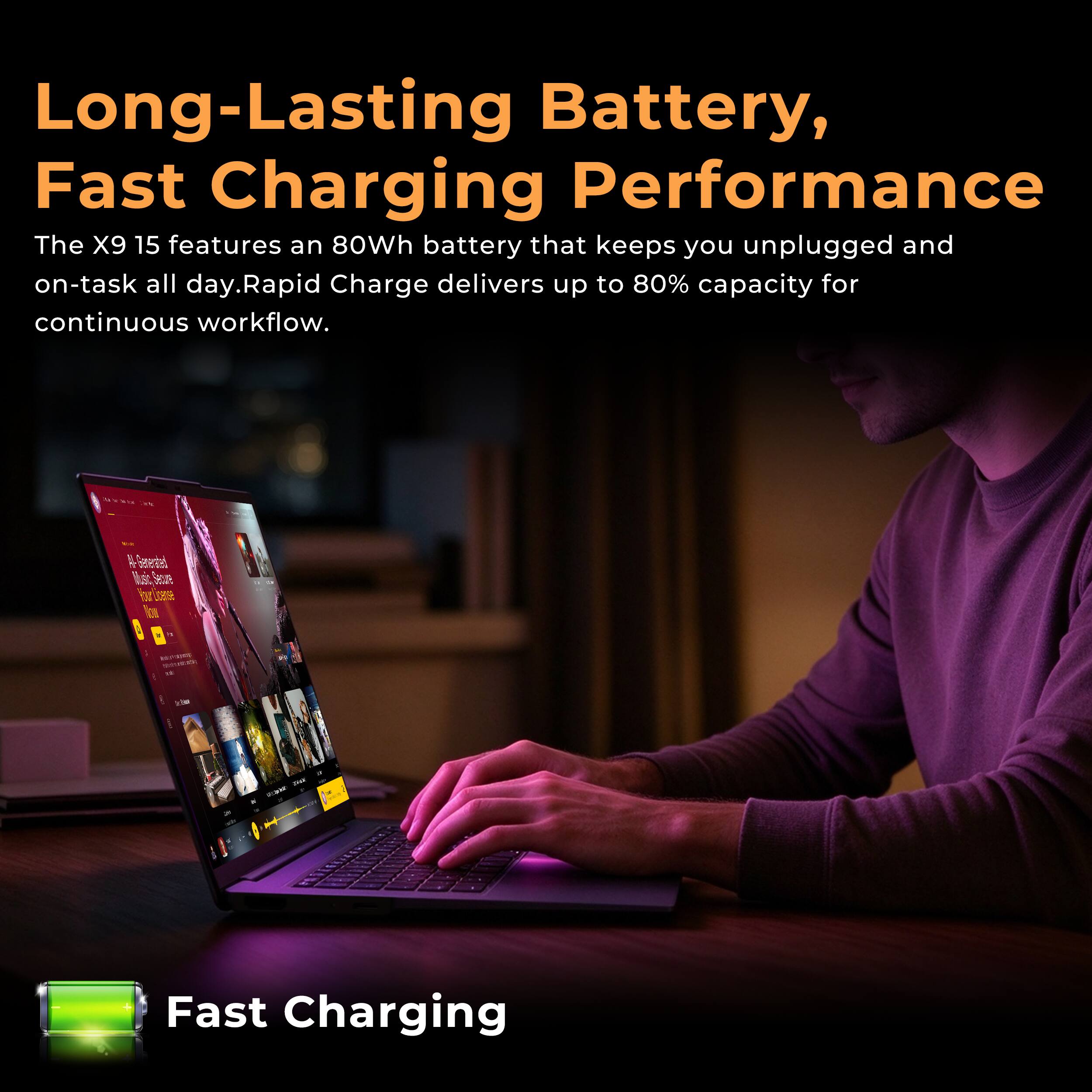 Long-Lasting Battery, Fast Charging Performance  
The X9 15 features an 80Wh battery that keeps you unplugged and on-task all day. Rapid Charge delivers up to 80% capacity for continuous workflow.