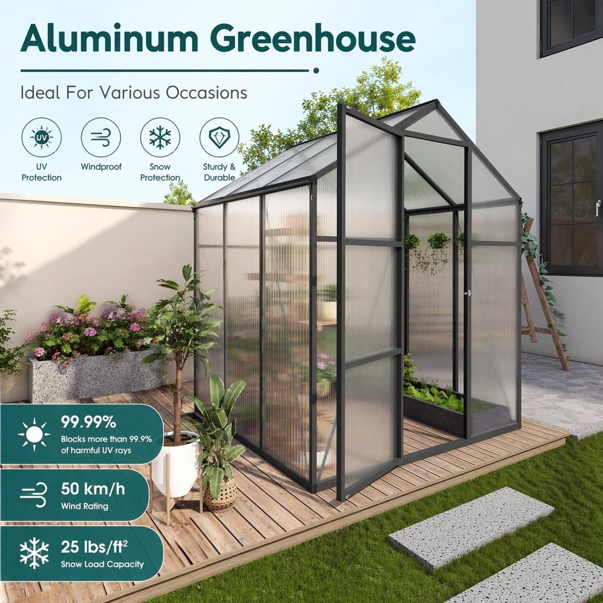 Aluminum Greenhouse  
Ideal For Various Occasions  
UV Protection  
Windproof  
Snow Protection  
Sturdy & Durable  
99.99% Blocks more than 99.9% of harmful UV rays  
50 km/h Wind Rating  
25 lbs/ft² Snow Load Capacity