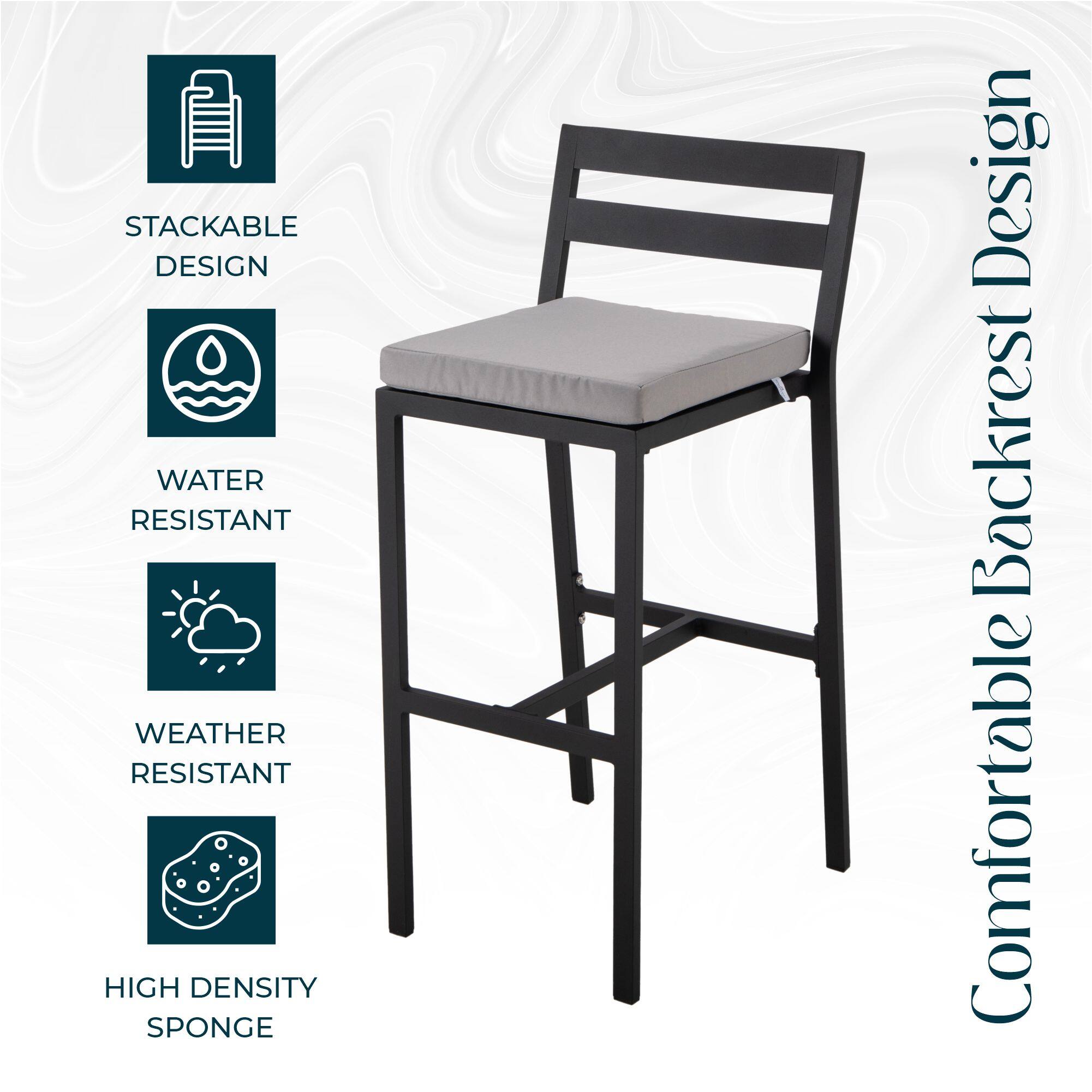 STACKABLE DESIGN  
WATER RESISTANT  
WEATHER RESISTANT  
HIGH DENSITY SPONGE  
Comfortable Backrest Design