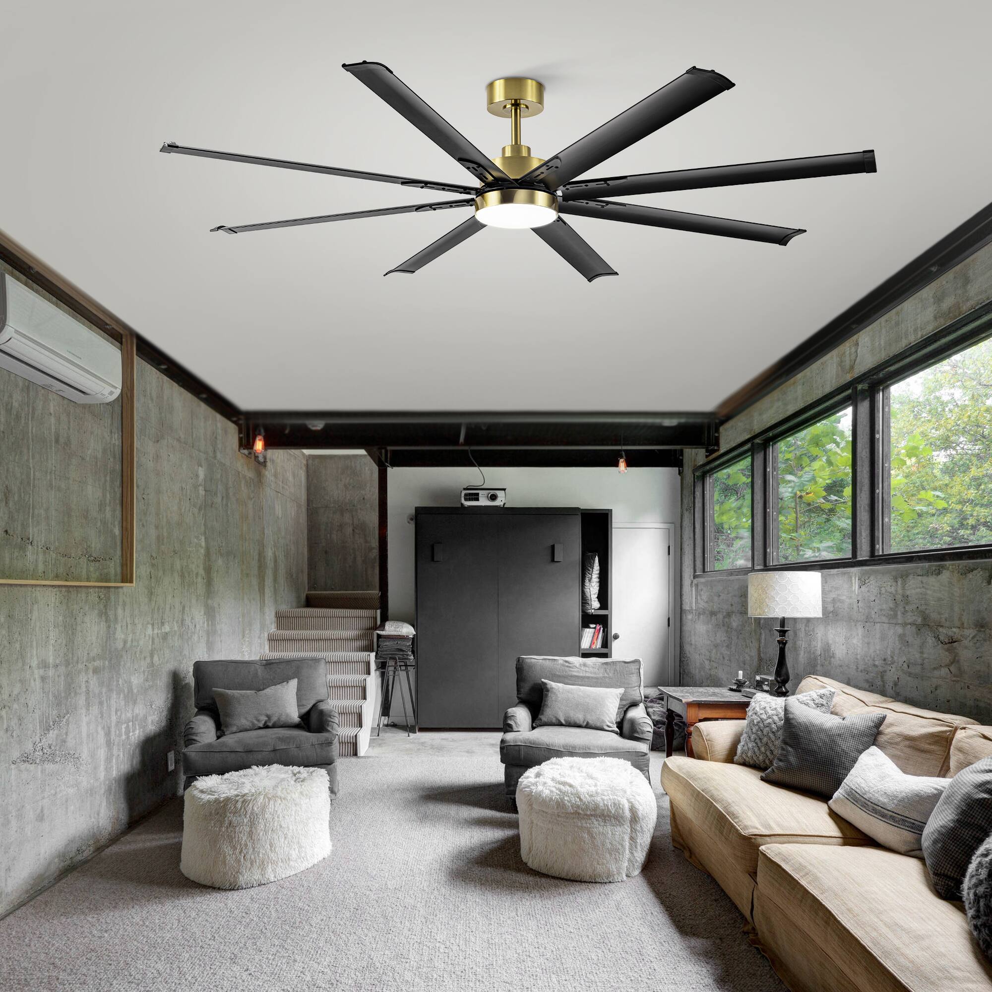 Alt View 1. Breezary - 72-In Large Ceiling Fan with 8 Aluminum Blades, DC Motor, 6-Speed Remote with Timer, 2 Downrods, Light/No Light Option - Gold and Black (With Light).