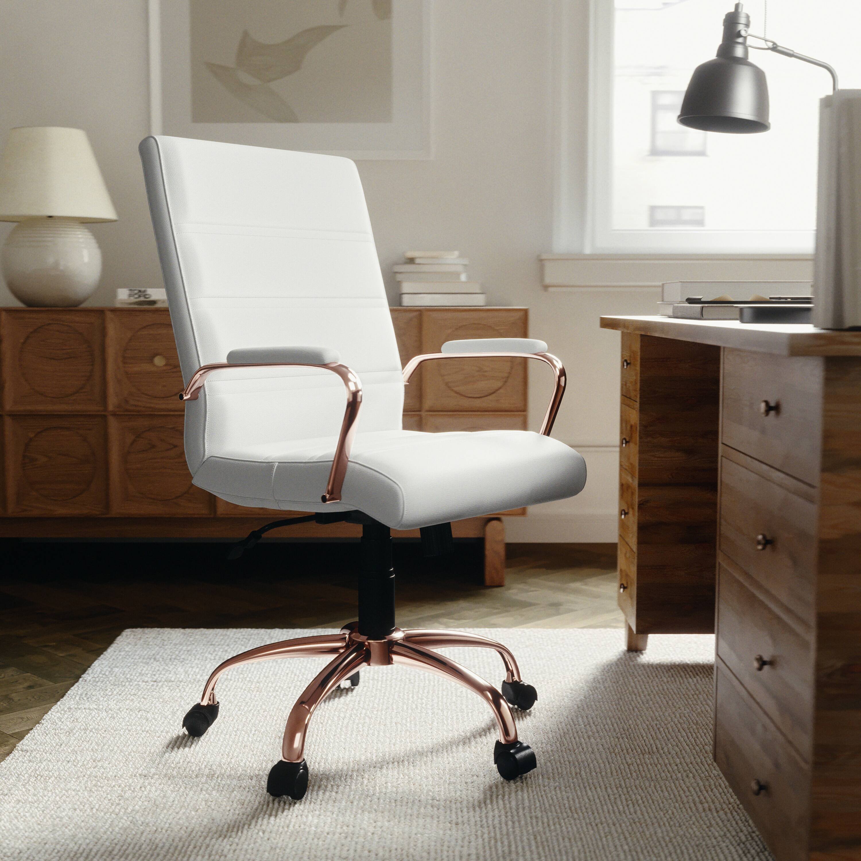 Alt View 1. Emma + Oliver - Mid-Back Executive Swivel Office Chair with Metal Frame and Arms - White LeatherSoft/Rose Gold Frame.
