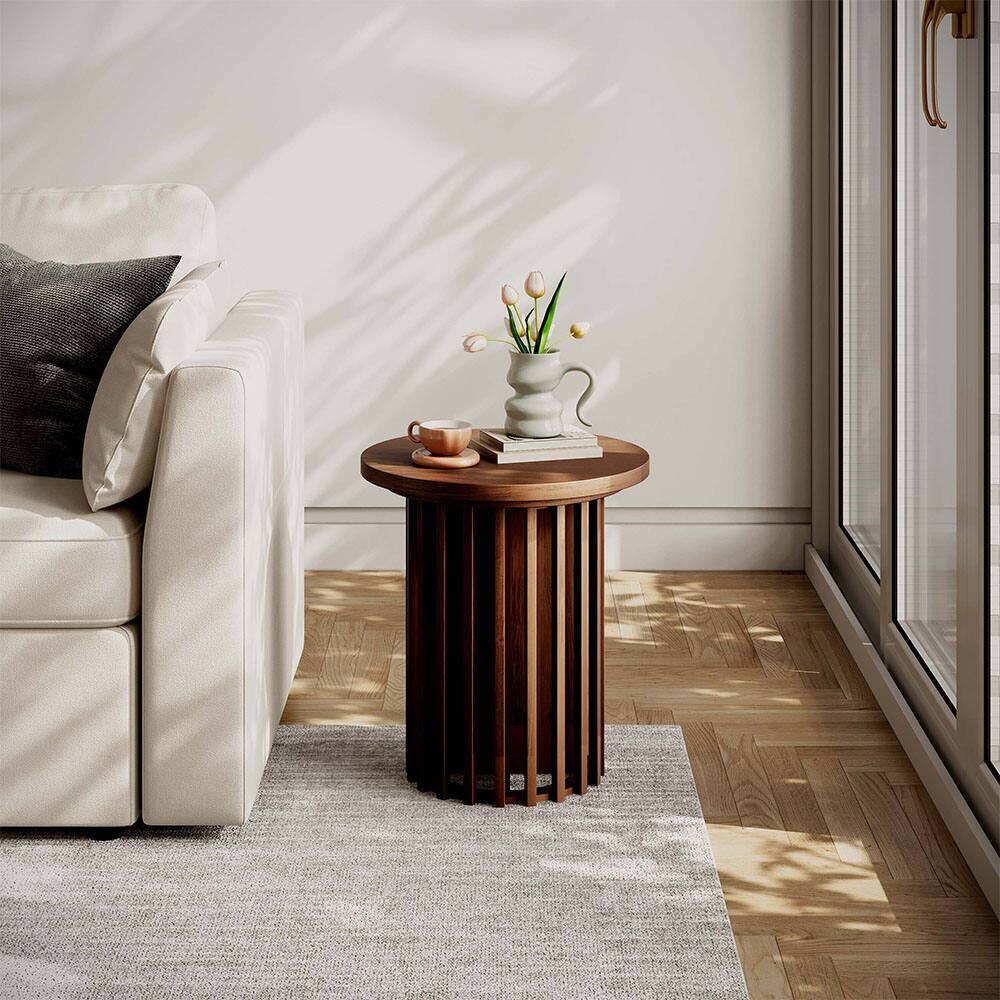 Angle. POVISON - 17.72" Round Side Table, Modern Wood Side Table, End Table, MDF - Walnut Color.