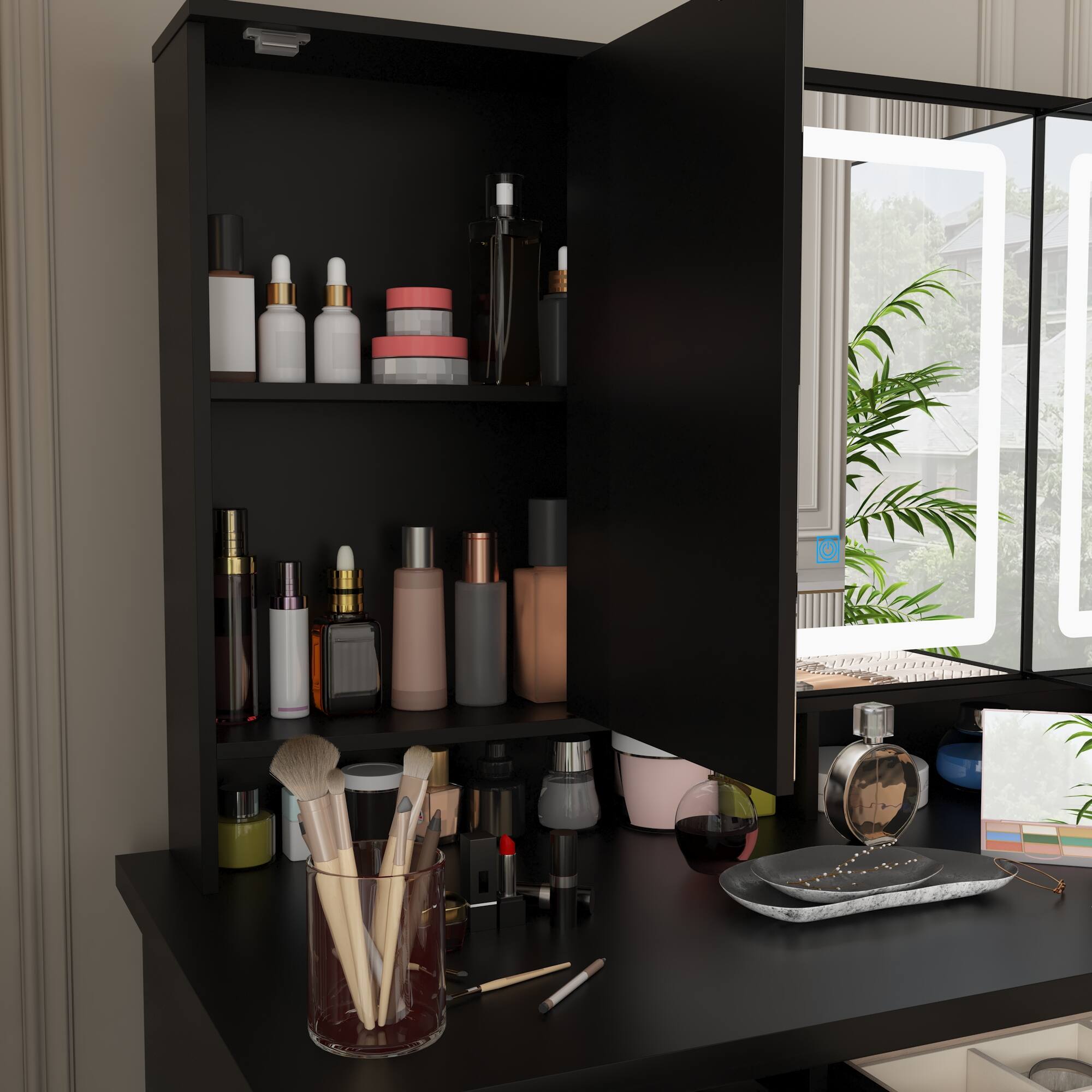 Alt View 9. Famapy - LED Vanity SetSilent Glide Drawers 3-Color Dimmable Mirror Jewelry Organizer & Tri-Fold Glass Modern Dressing Table - Black.