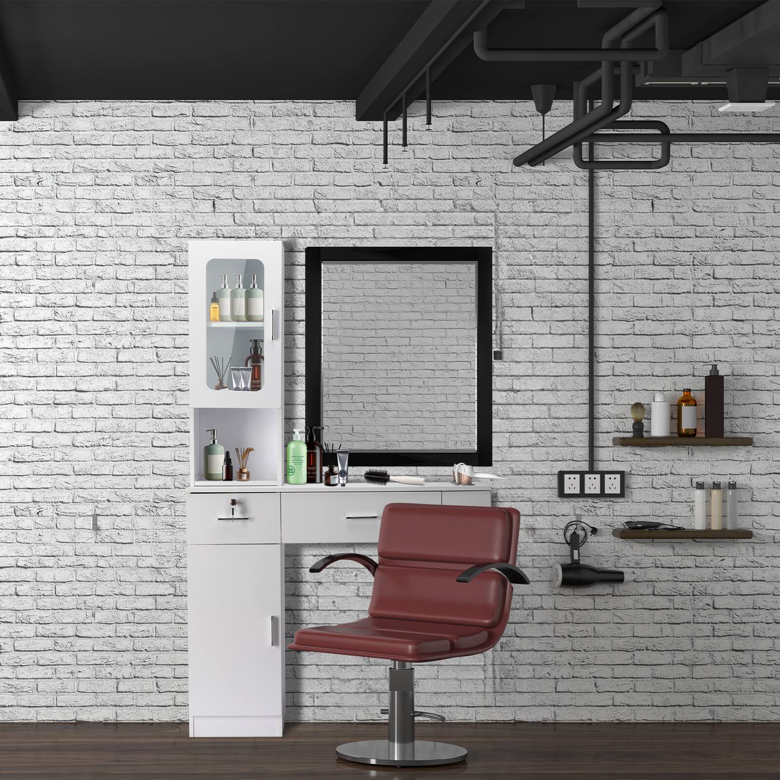 Alt View 5. Winado - Wall Mount Barber Salon Stations, Makeup Vanity Desk with Cabinet and Drawers - White.