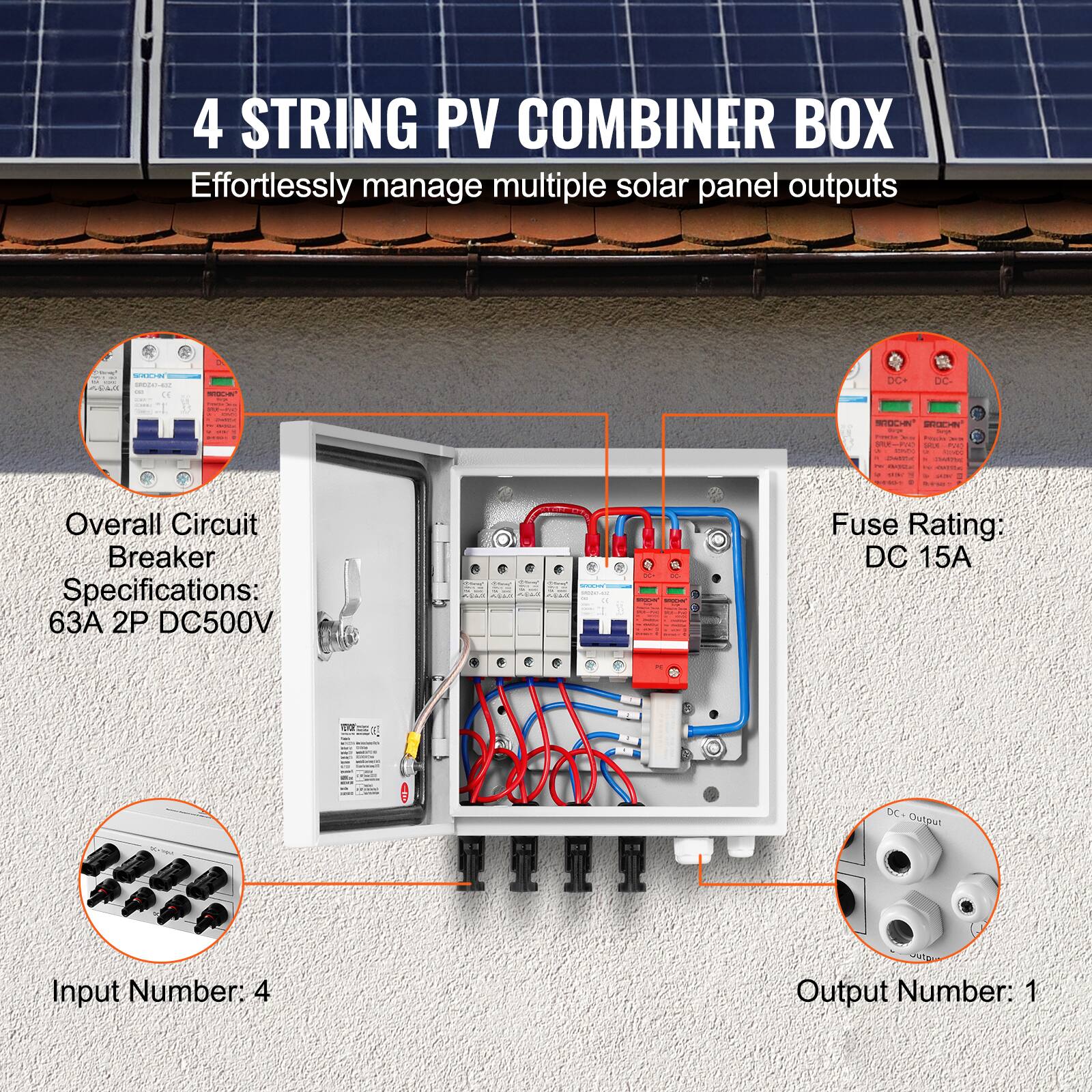 4 STRING PV COMBINER BOX  
Effortlessly manage multiple solar panel outputs  

- Overall Circuit Breaker Specifications: 63A 2P DC500V  
- Fuse Rating: DC 15A  
- Input Number: 4  
- Output Number: 1