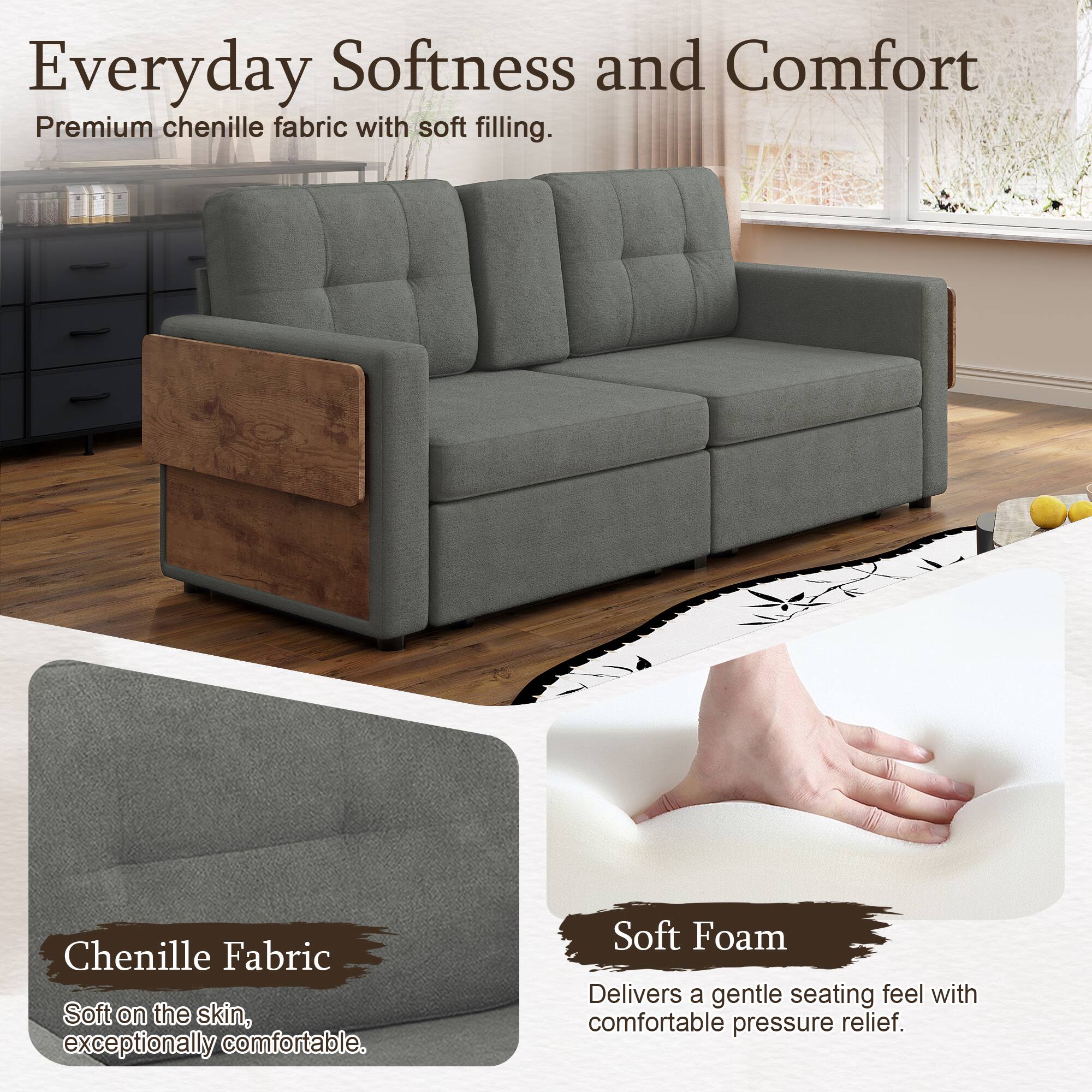 Everyday Softness and Comfort  
Premium chenille fabric with soft filling.

Chenille Fabric  
Soft on the skin, exceptionally comfortable.

Soft Foam  
Delivers a gentle seating feel with comfortable pressure relief.
