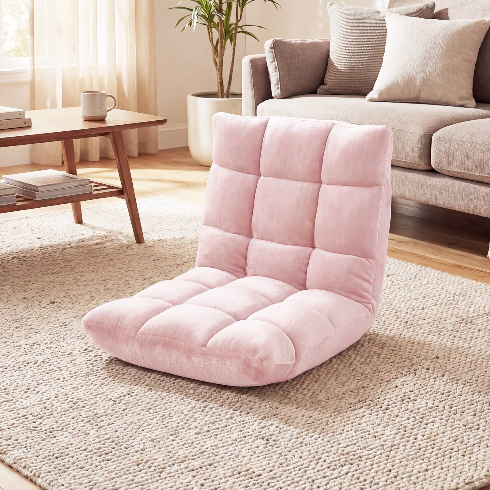 Alt View 2. Costway - Costway Floor Chair with Back Support, 14-Position Adjustable Back, Thick Sponge Padding - Light Pink.